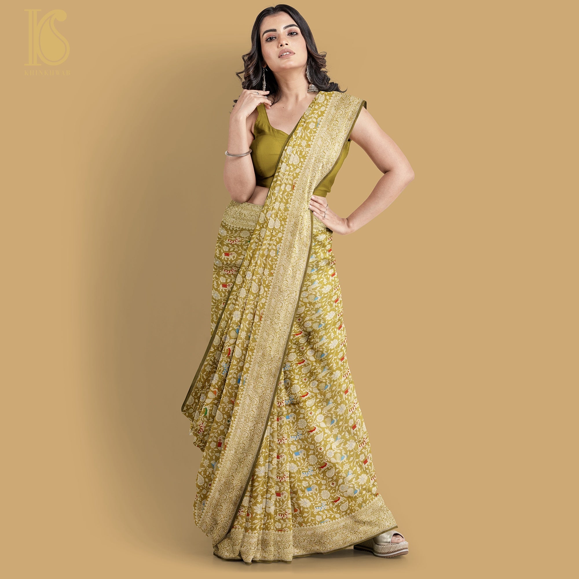 Reef Gold Pure Katan Silk Handwoven Banarasi Shikargah Saree - Preorder - Khinkhwab