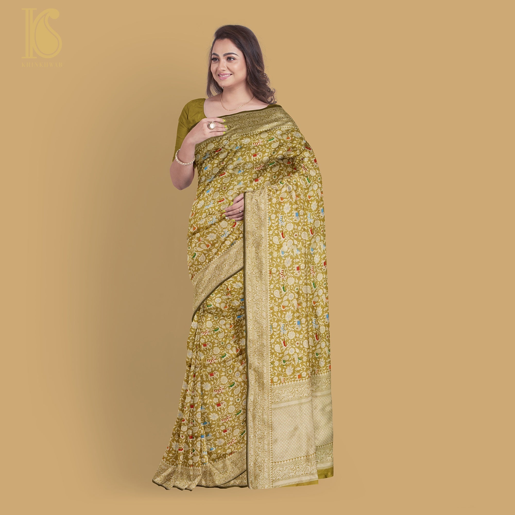Reef Gold Pure Katan Silk Handwoven Banarasi Shikargah Saree - Preorder - Khinkhwab