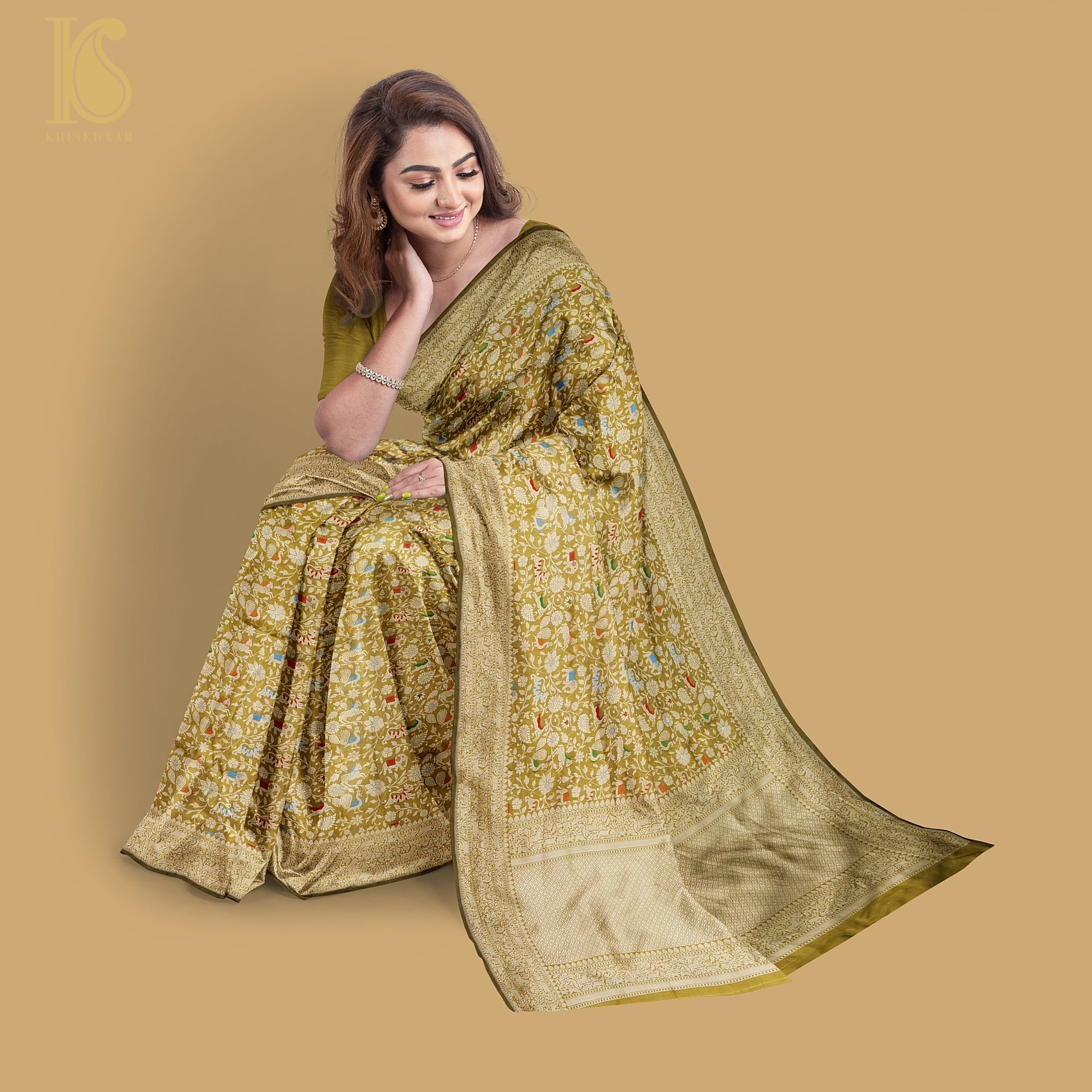 Reef Gold Pure Katan Silk Handwoven Banarasi Shikargah Saree - Preorder - Khinkhwab