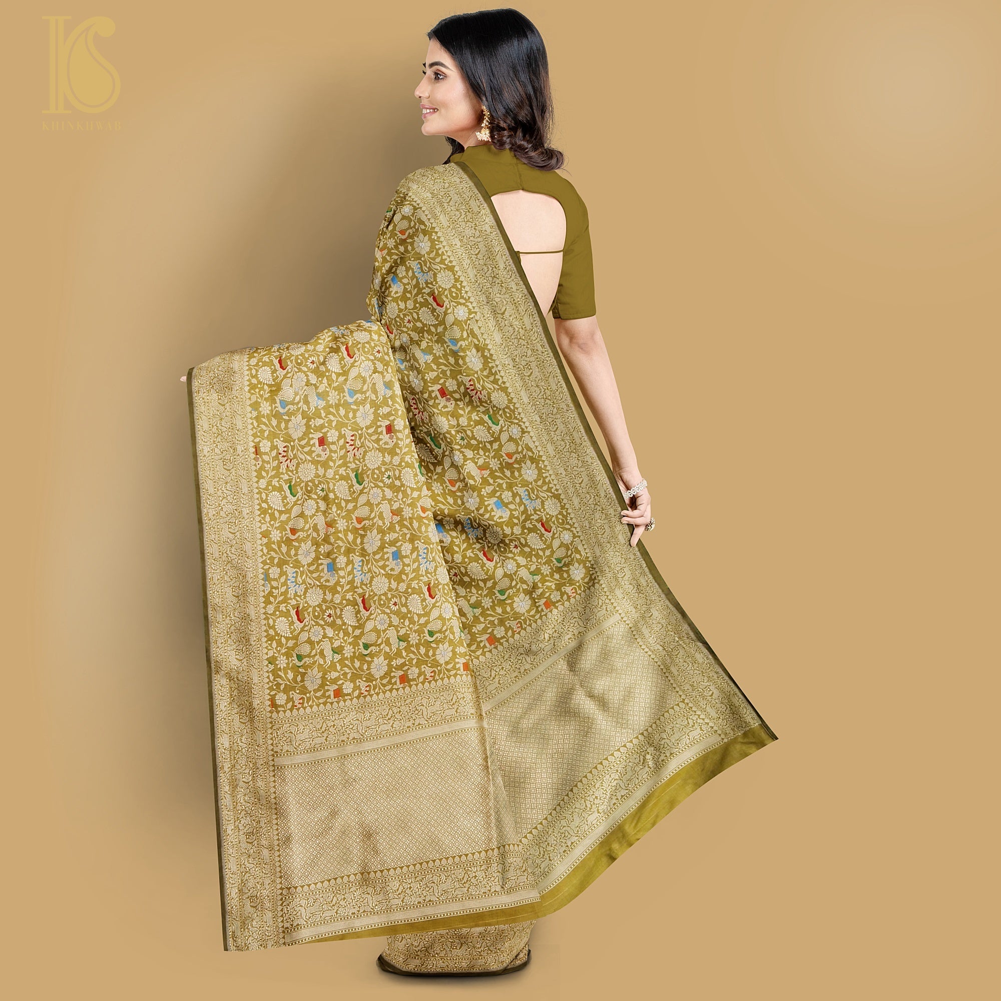 Reef Gold Pure Katan Silk Handwoven Banarasi Shikargah Saree - Preorder - Khinkhwab