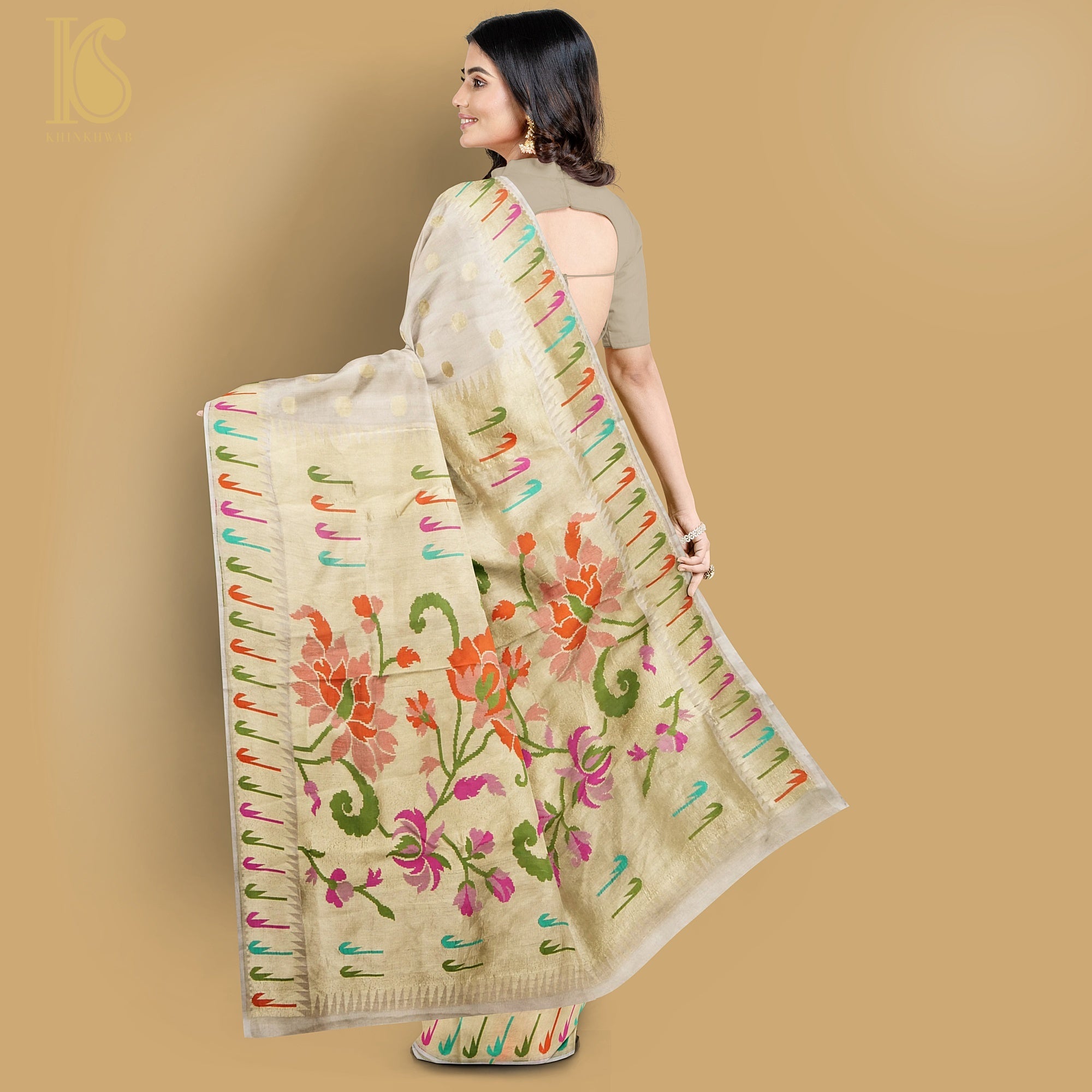 Handwoven Pure Tussar Silk Muniya Border Banarasi Saree - Khinkhwab