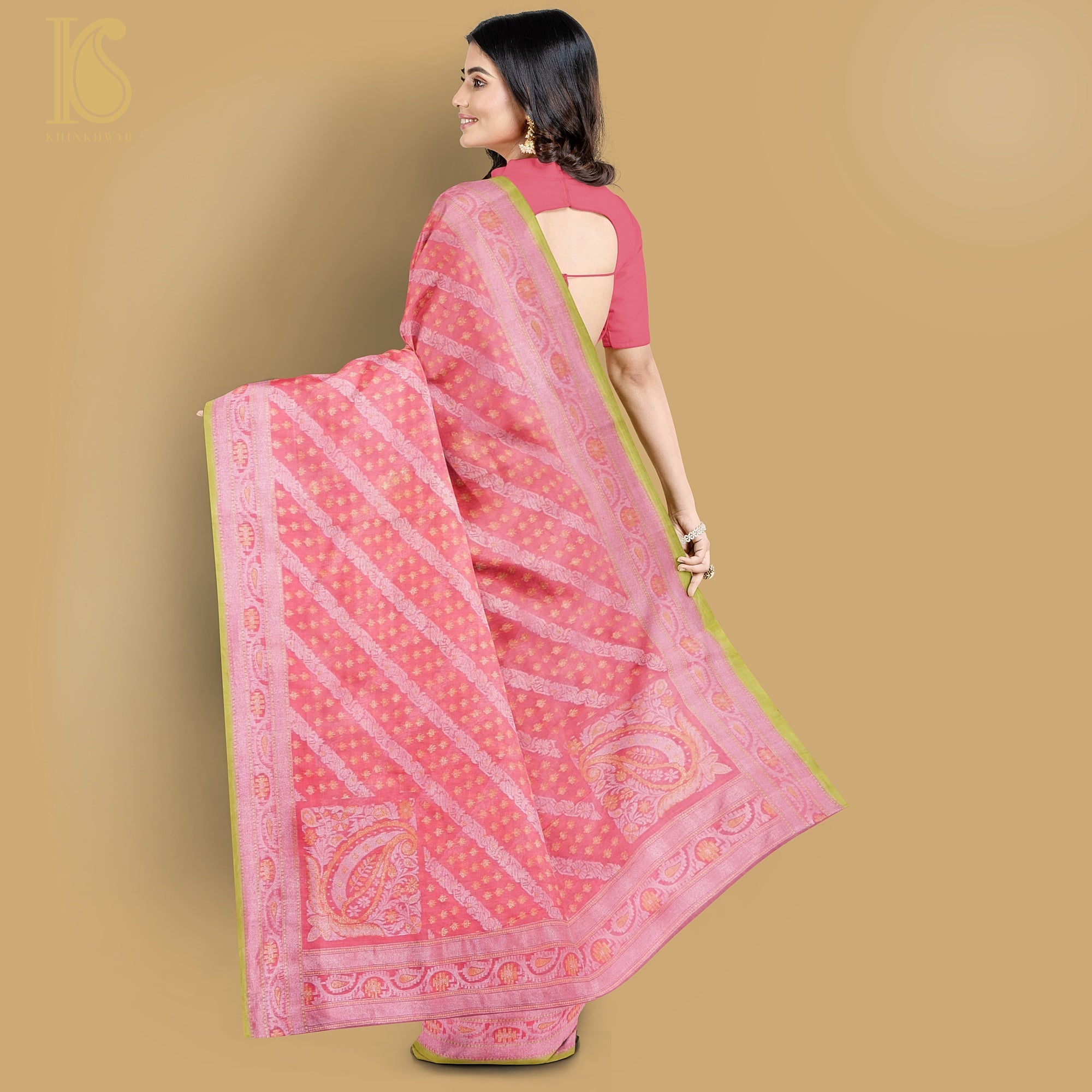 Pink Pure Cotton Handloom Banarasi Jamdani Ektara Saree - Khinkhwab