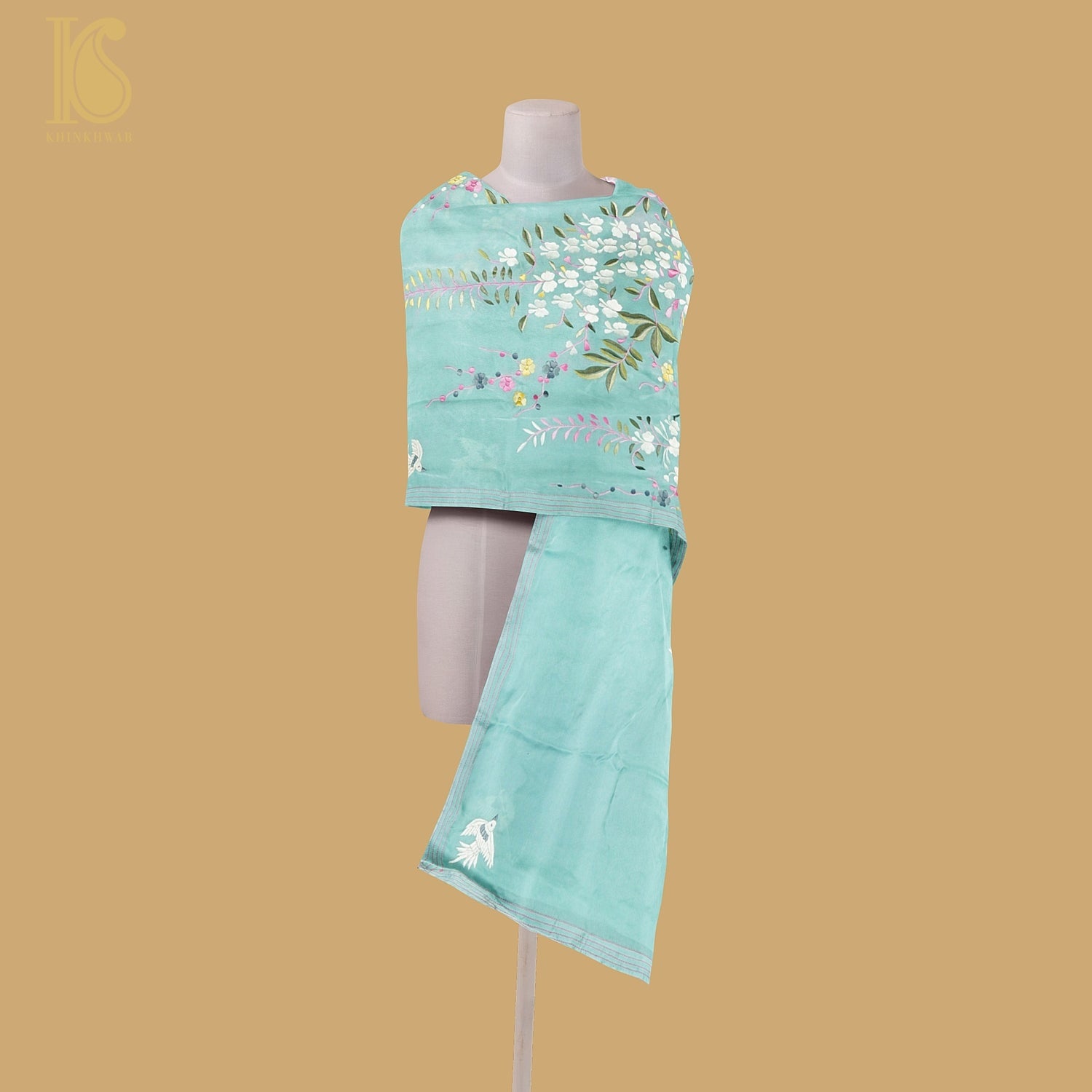 Monte Carlo Green Handcrafted Parsi Gara Pure Crepe Dupatta - Khinkhwab