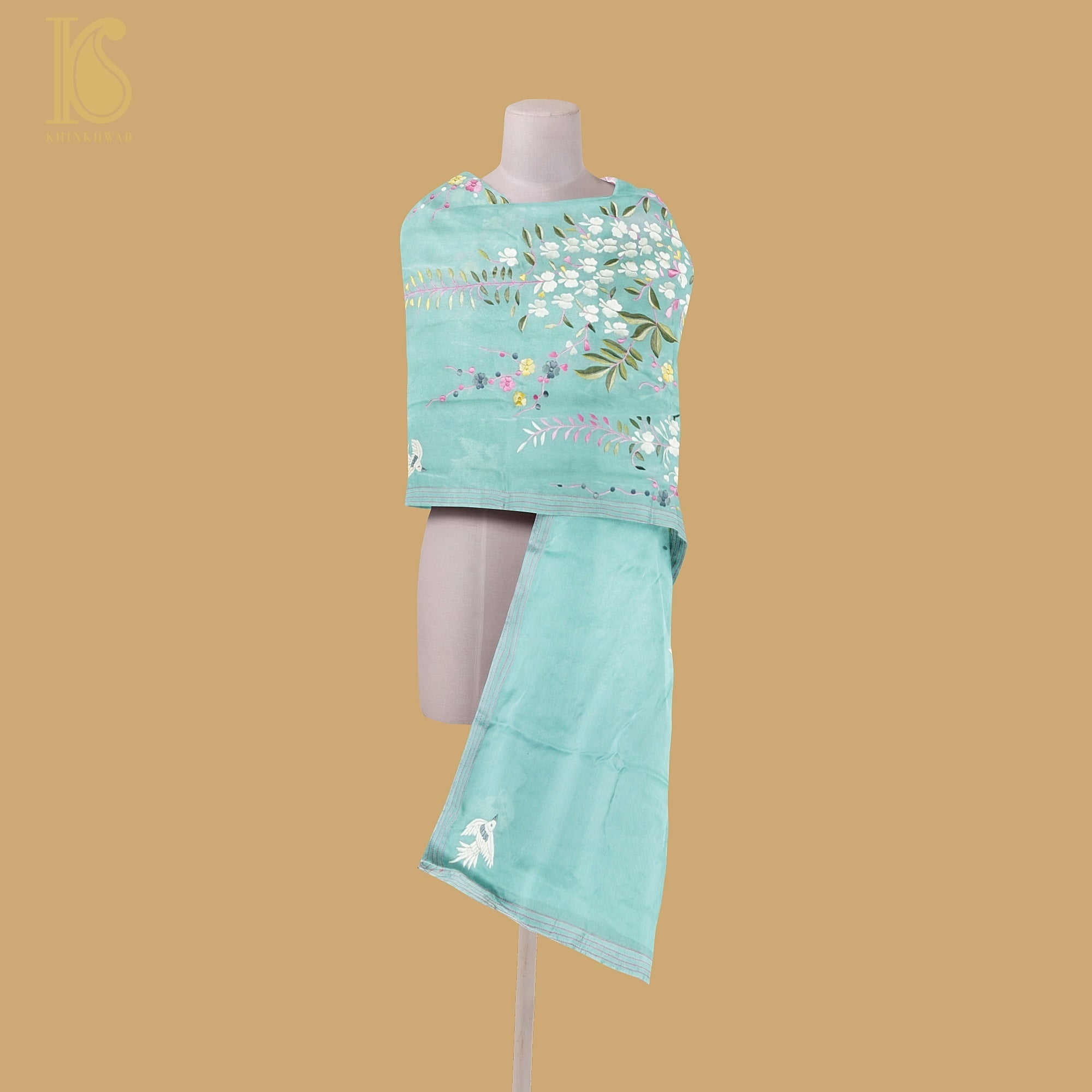 Monte Carlo Green Handcrafted Parsi Gara Pure Crepe Dupatta - Khinkhwab