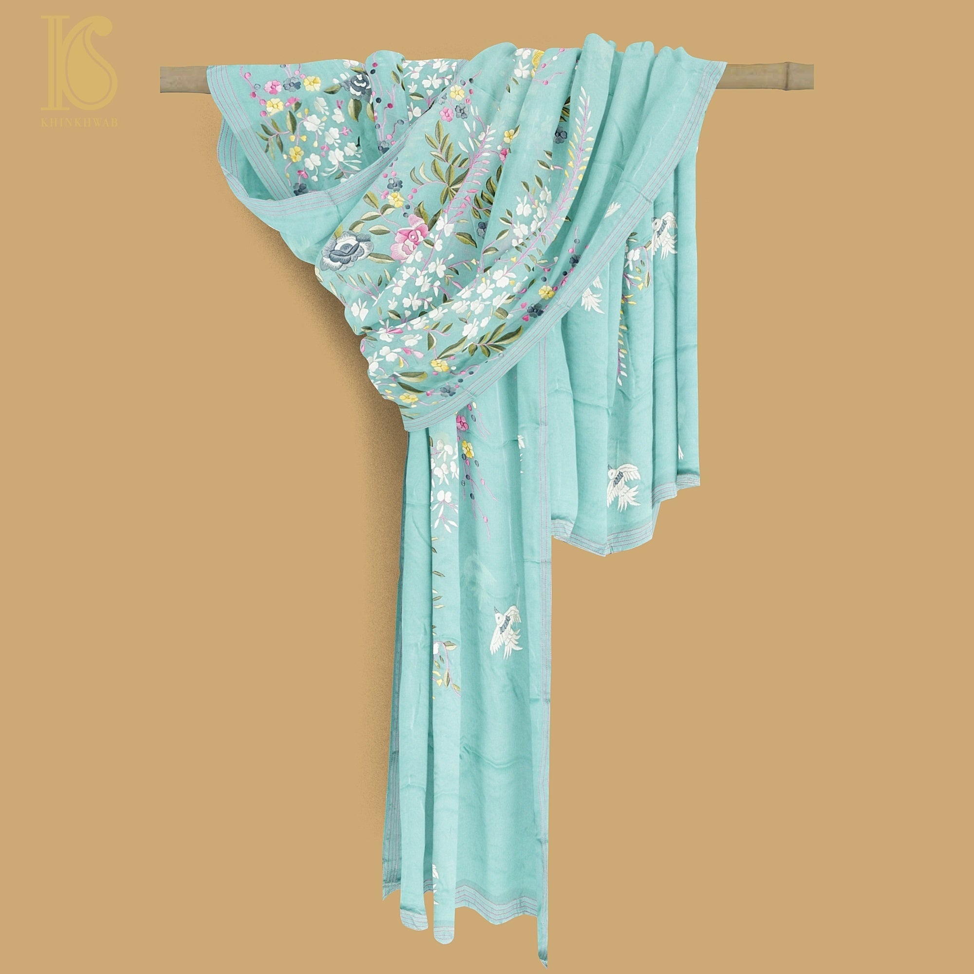 Monte Carlo Green Handcrafted Parsi Gara Pure Crepe Dupatta - Khinkhwab
