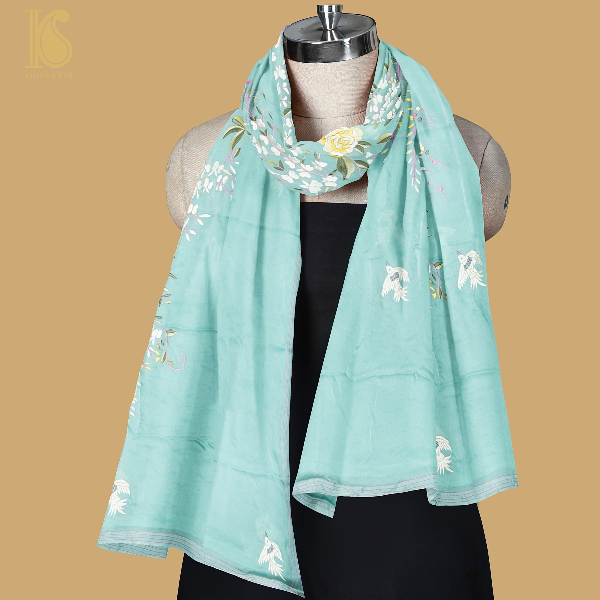 Monte Carlo Green Handcrafted Parsi Gara Pure Crepe Dupatta - Khinkhwab