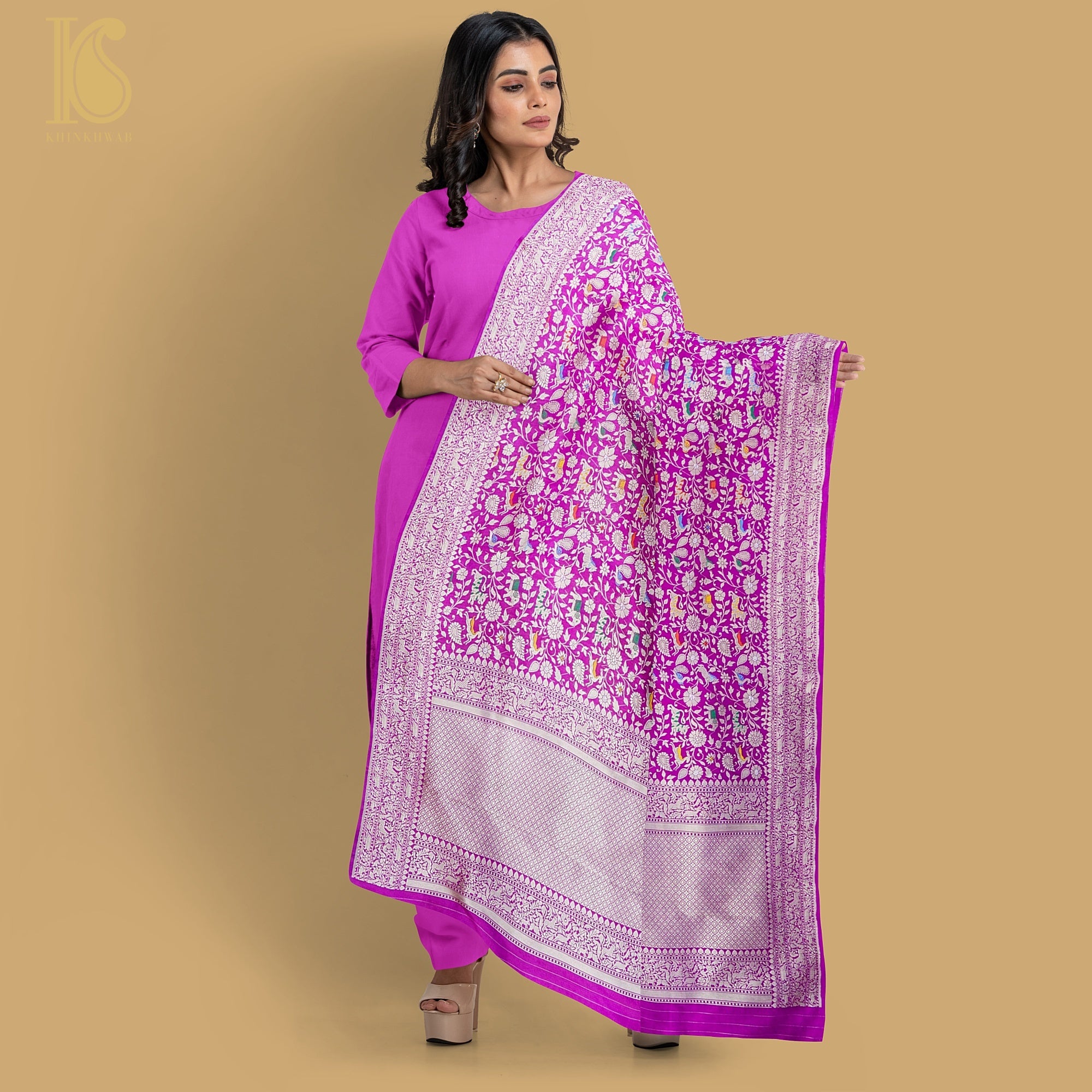 Pure Katan Silk Handwoven Banarasi Shikargah Dupatta - Preorder - Khinkhwab