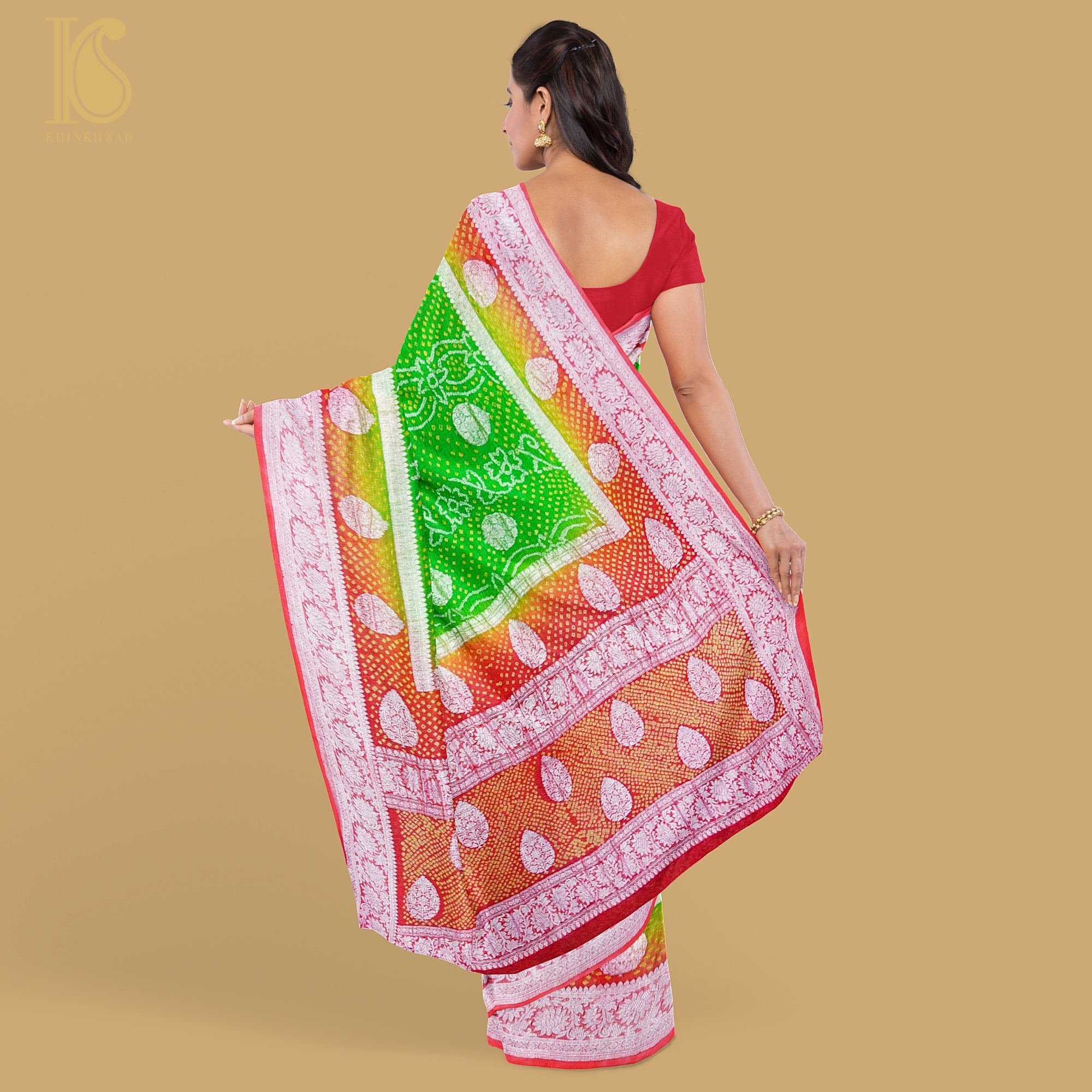 Green & Orange Pure Georgette Handloom Banarasi Bandhani Saree - Khinkhwab