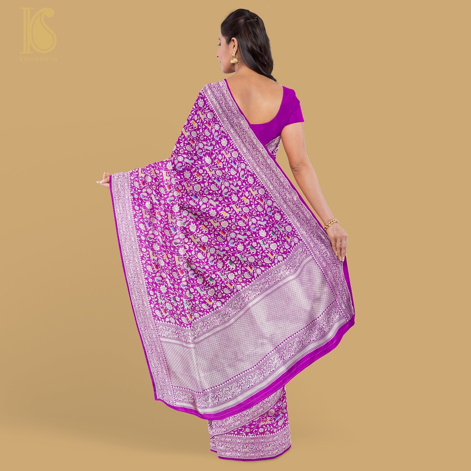 Purple Handloom Katan Silk Banarasi Shikargah Saree - Khinkhwab