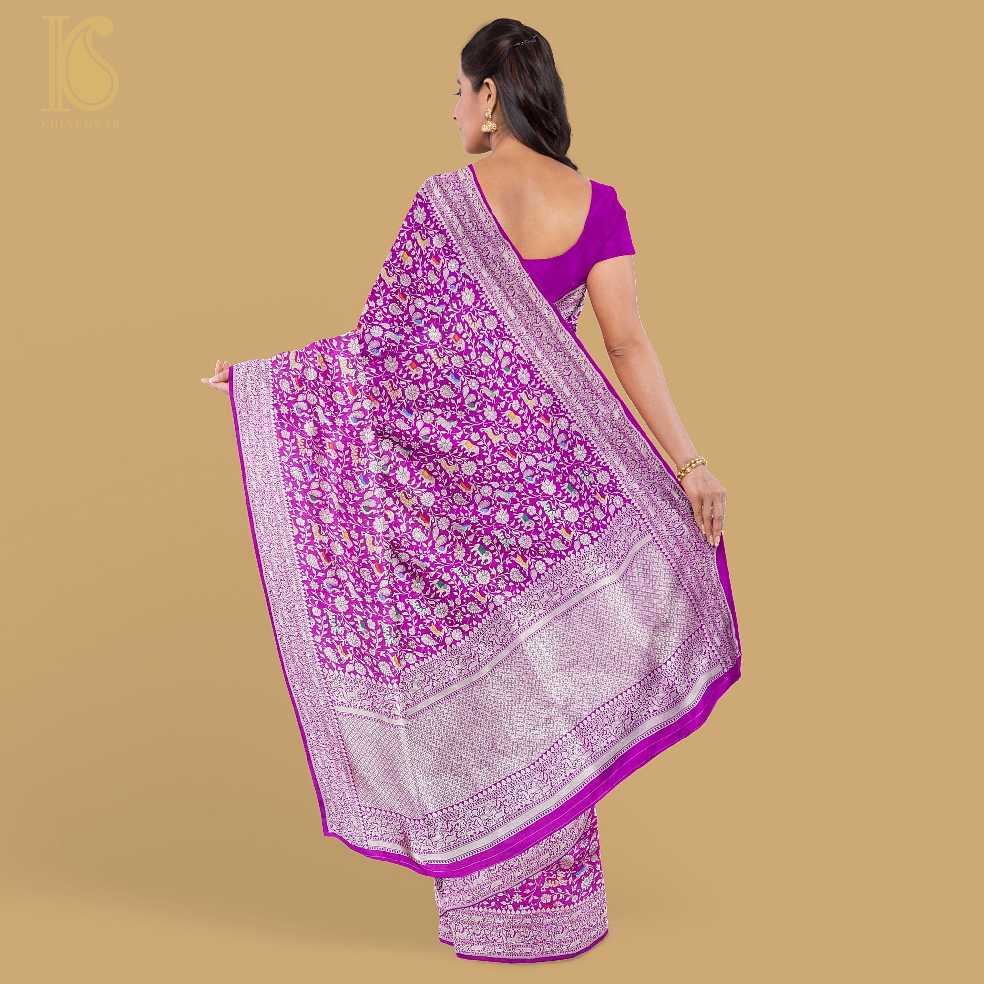 Purple Handloom Katan Silk Banarasi Shikargah Saree - Khinkhwab