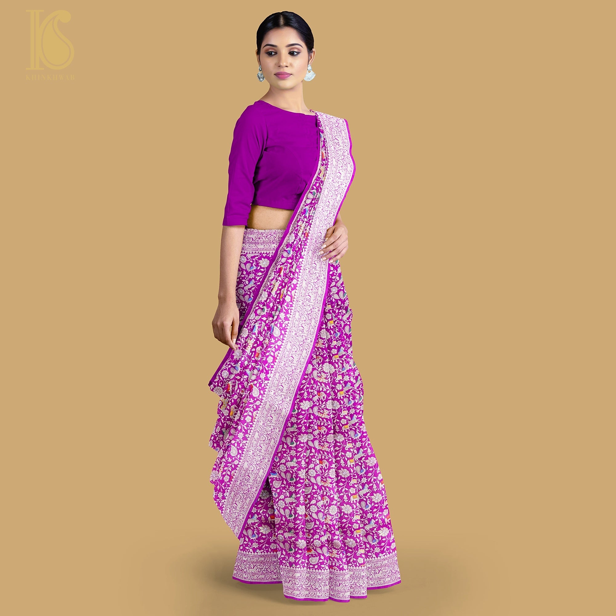 Purple Handloom Katan Silk Banarasi Shikargah Saree - Khinkhwab