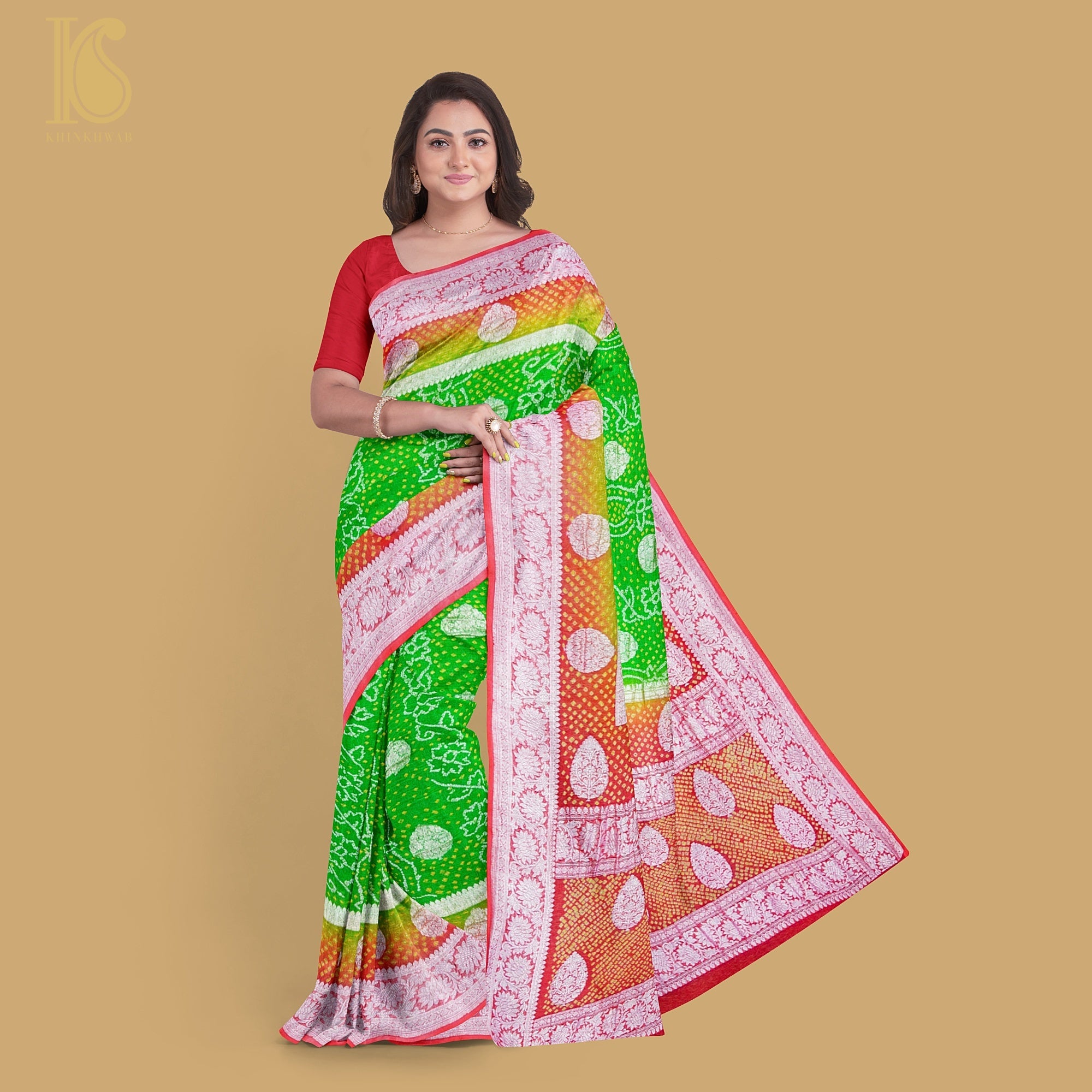 Green & Orange Pure Georgette Handloom Banarasi Bandhani Saree - Khinkhwab