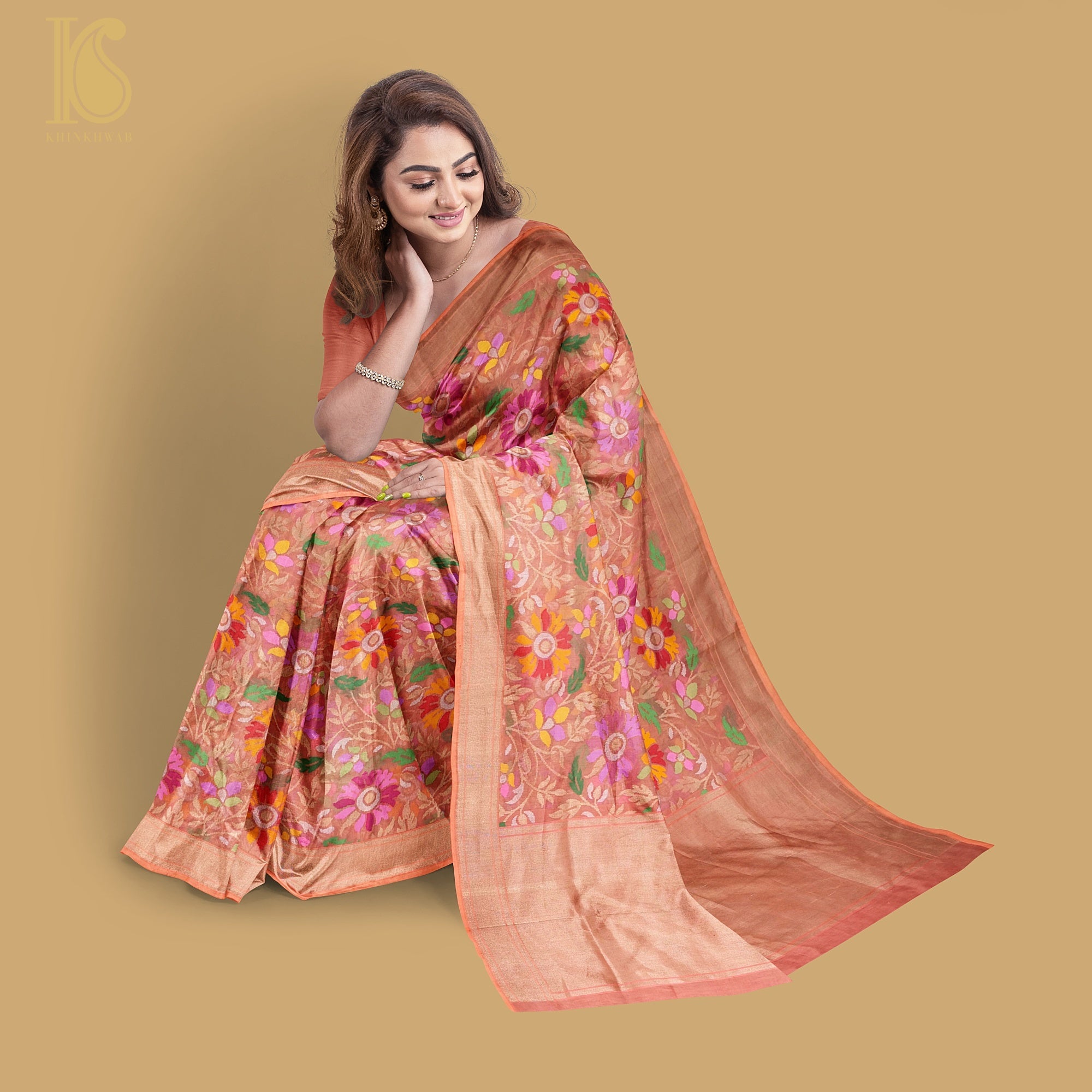 Japonica Pink Handwoven Pure Cotton Real Silver Zari Banarasi Saree - Preorder - Khinkhwab