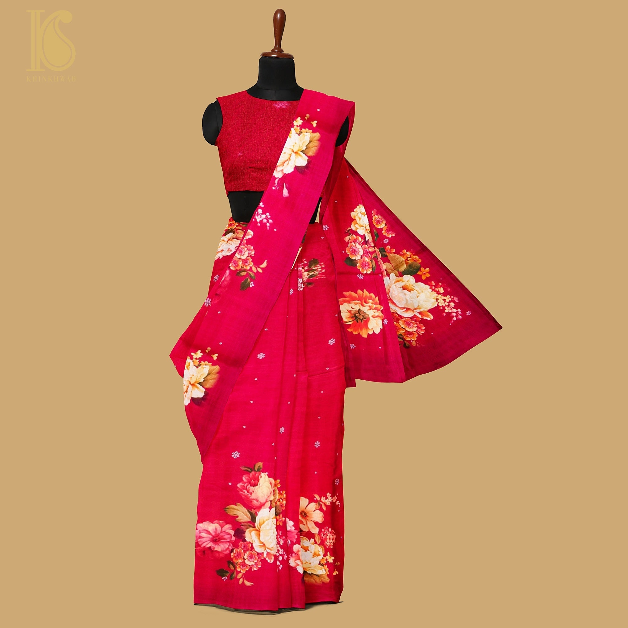 Mahogany Red Pure Textured Crepe Silk Printed Banarasi Saree - Khinkhwab