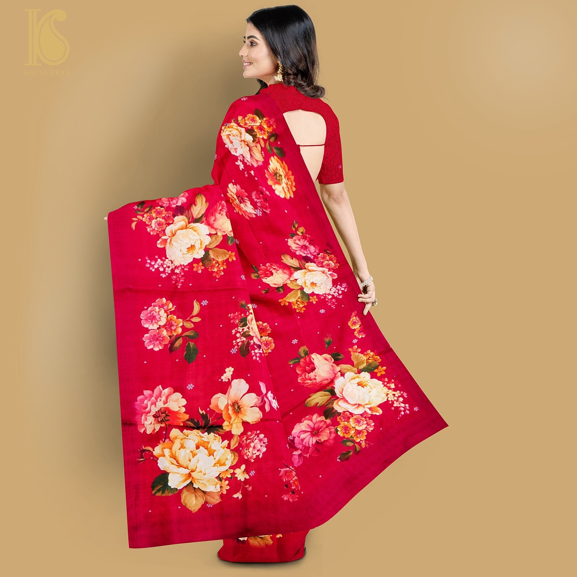 Mahogany Red Pure Textured Crepe Silk Printed Banarasi Saree - Khinkhwab