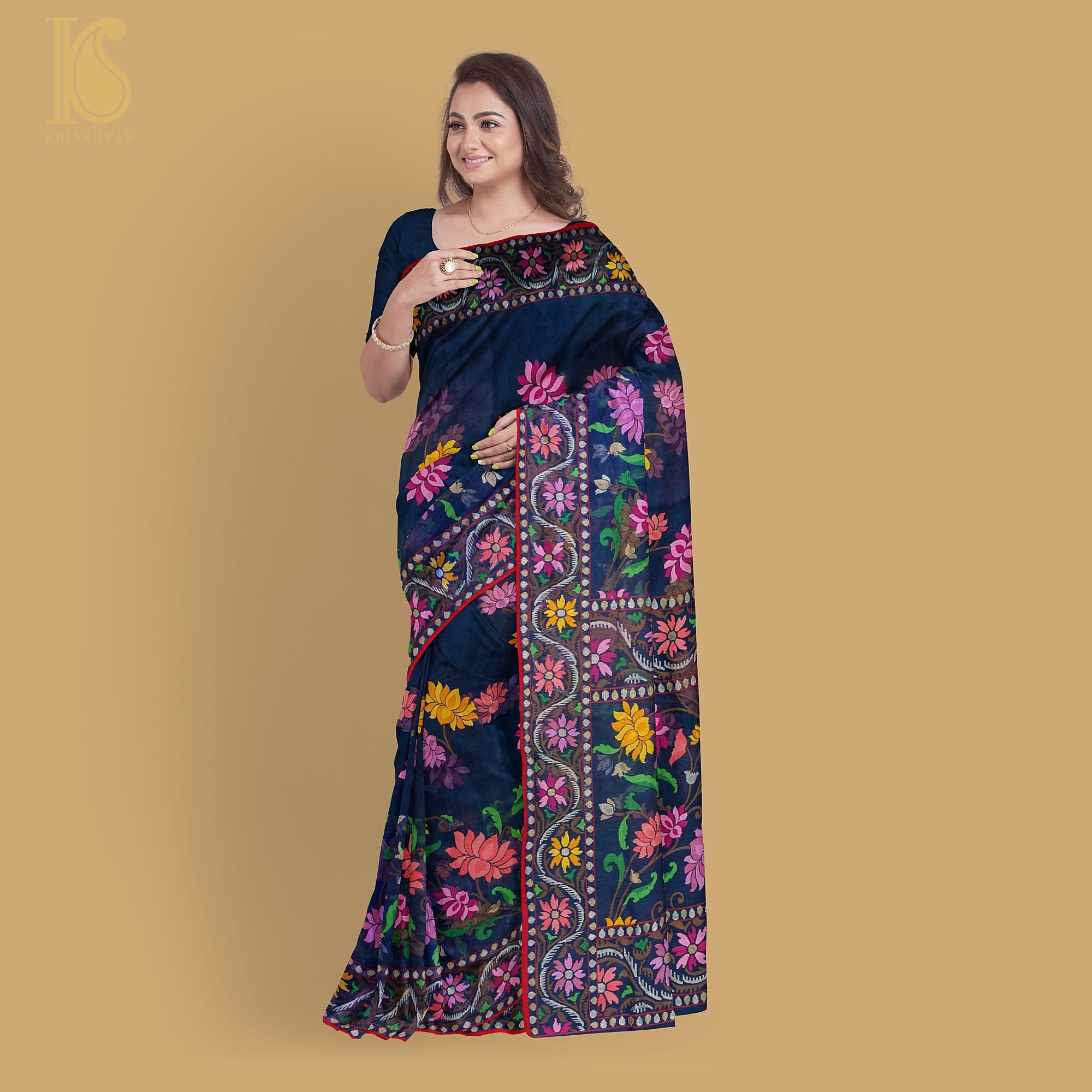 Midnight Blue Handwoven Pure Cotton Real Zari Neelambari Banarasi Saree - Preorder - Khinkhwab