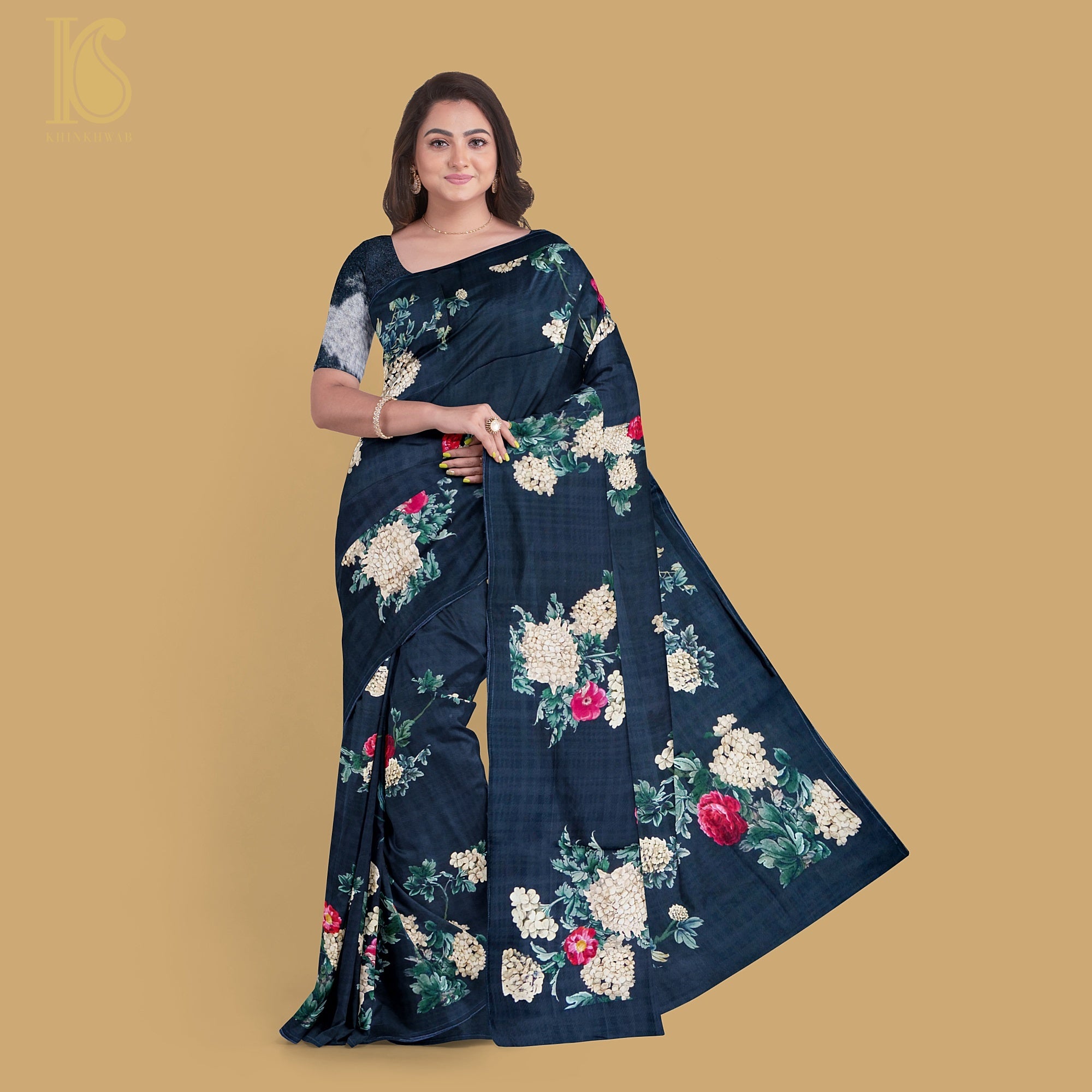 Black Pure Textured Crepe Silk Printed Banarasi Saree - Khinkhwab