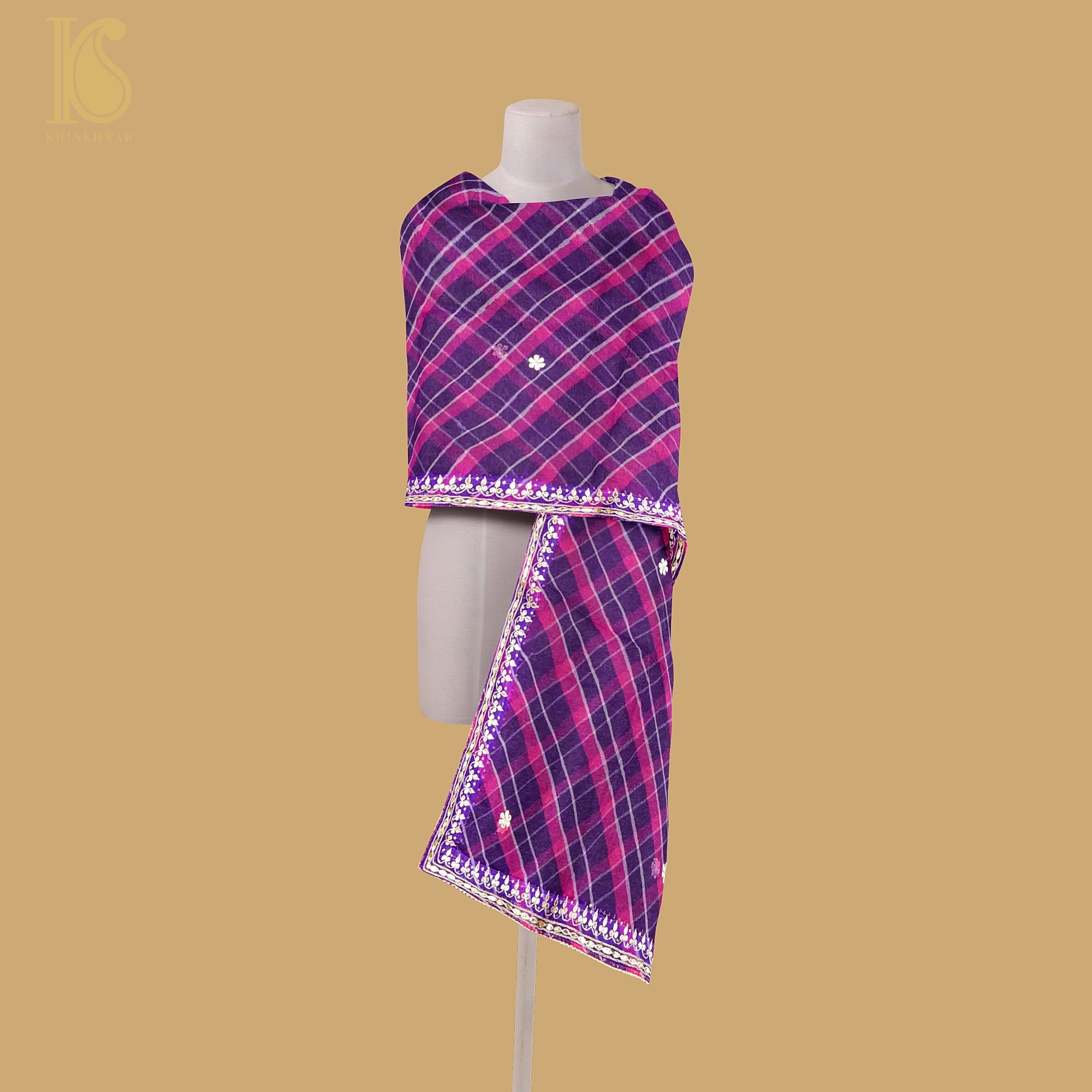 Purple & Pink Leheriya Pure Organza Gotta Patti Dupatta - Khinkhwab