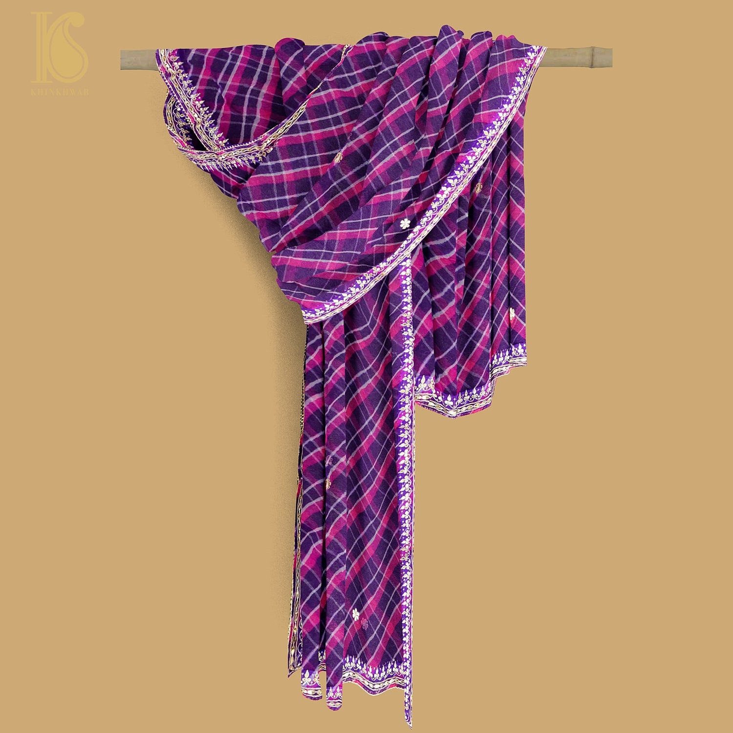 Purple & Pink Leheriya Pure Organza Gotta Patti Dupatta - Khinkhwab