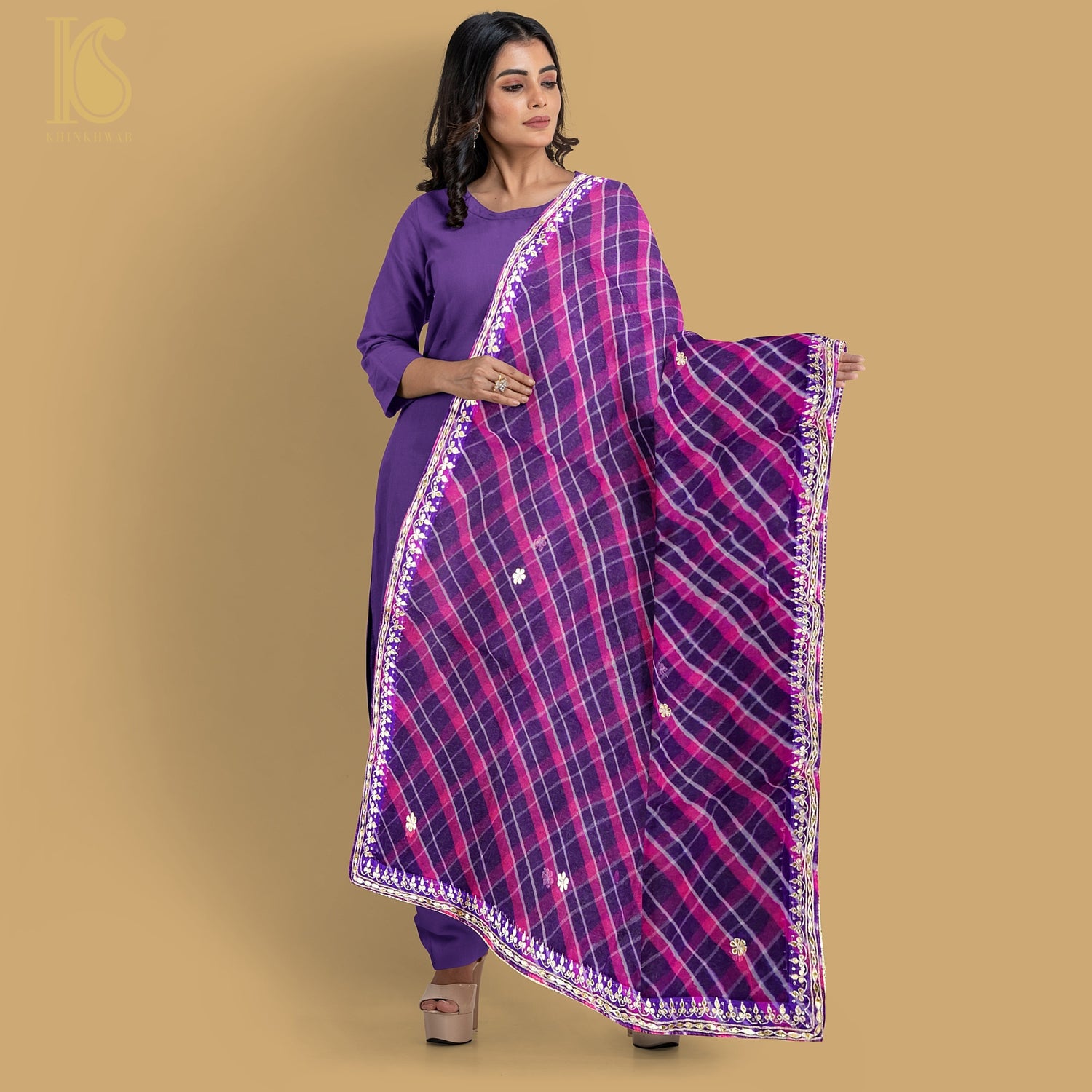 Purple & Pink Leheriya Pure Organza Gotta Patti Dupatta - Khinkhwab