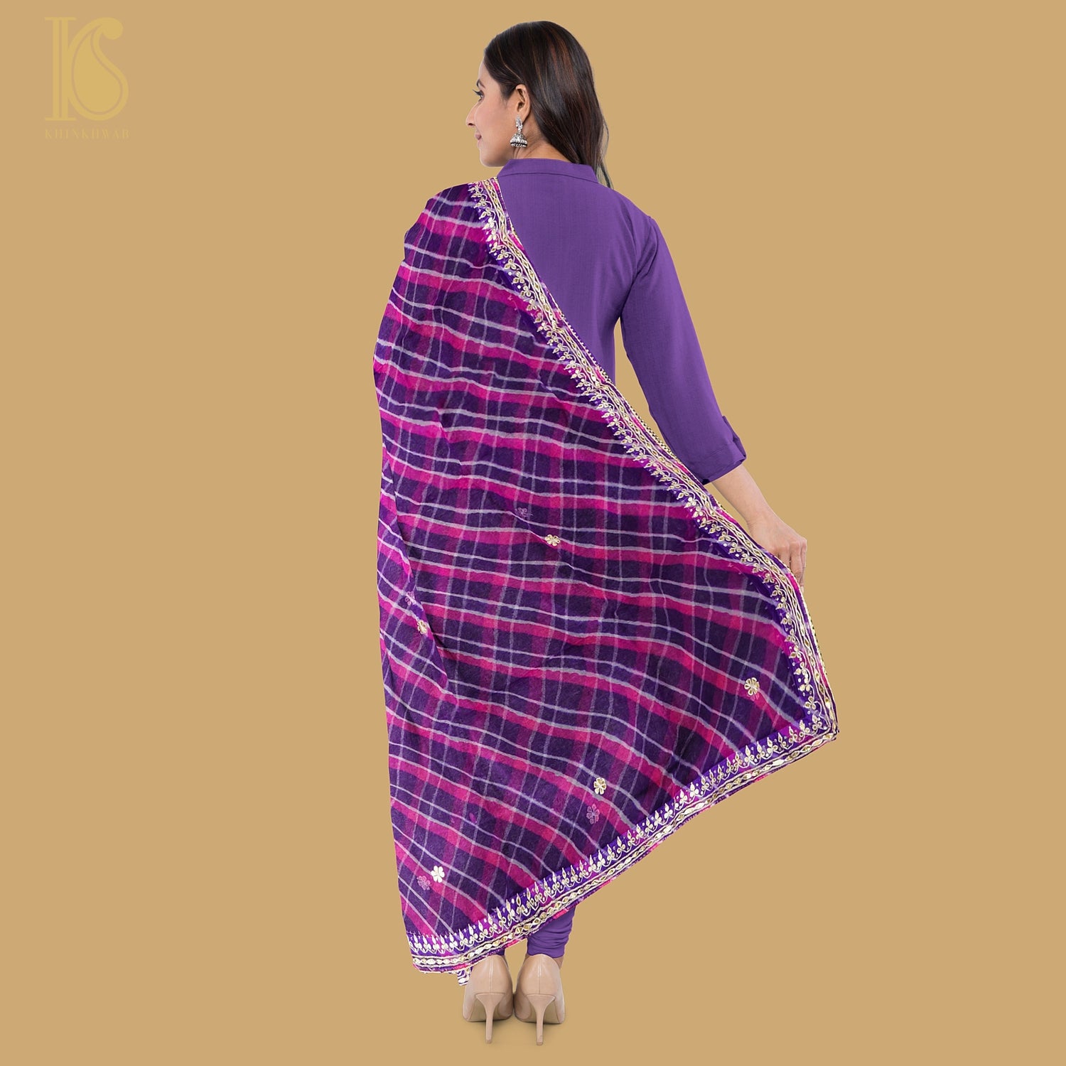 Purple & Pink Leheriya Pure Organza Gotta Patti Dupatta - Khinkhwab