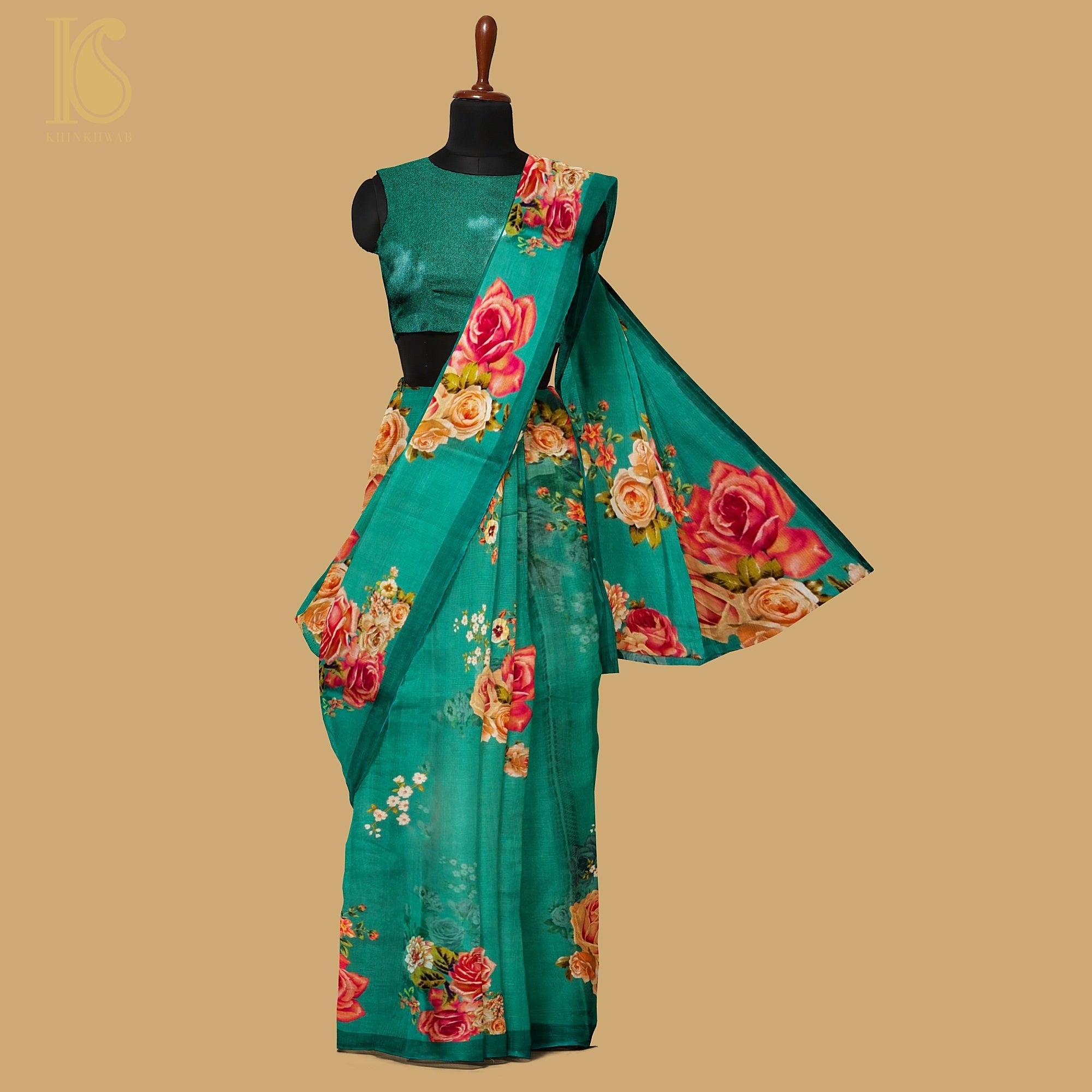Persian Green Pure Textured Crepe Silk Printed Banarasi Saree - Khinkhwab