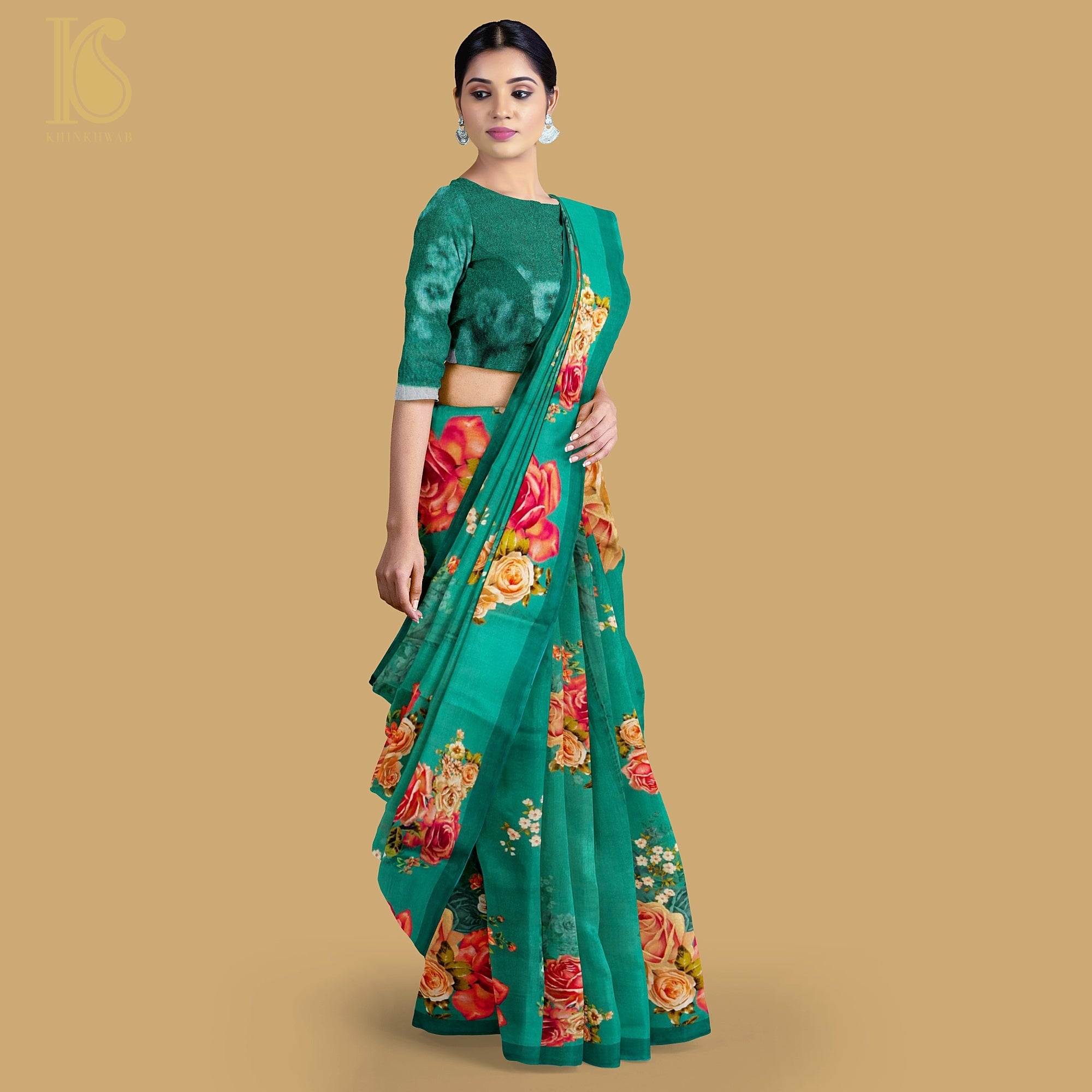 Persian Green Pure Textured Crepe Silk Printed Banarasi Saree - Khinkhwab