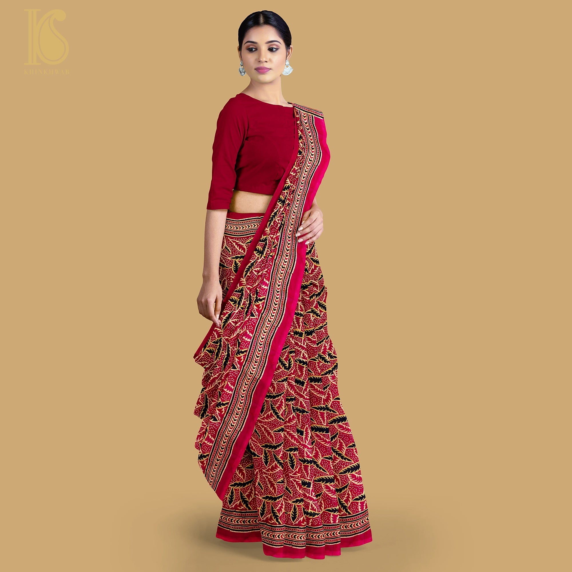 Red Gajji Silk Handblock Ajrakh Saree - Khinkhwab