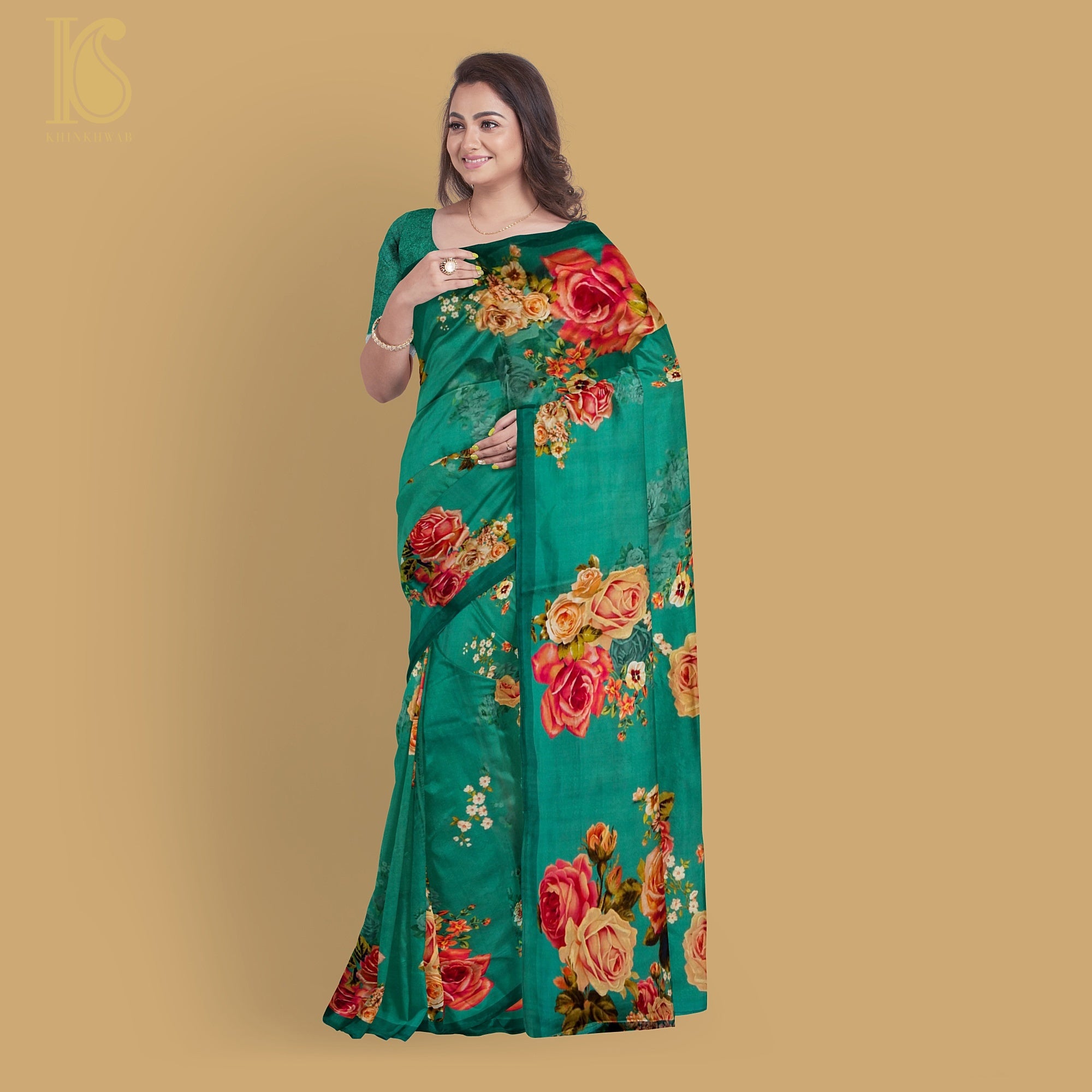 Persian Green Pure Textured Crepe Silk Printed Banarasi Saree - Khinkhwab