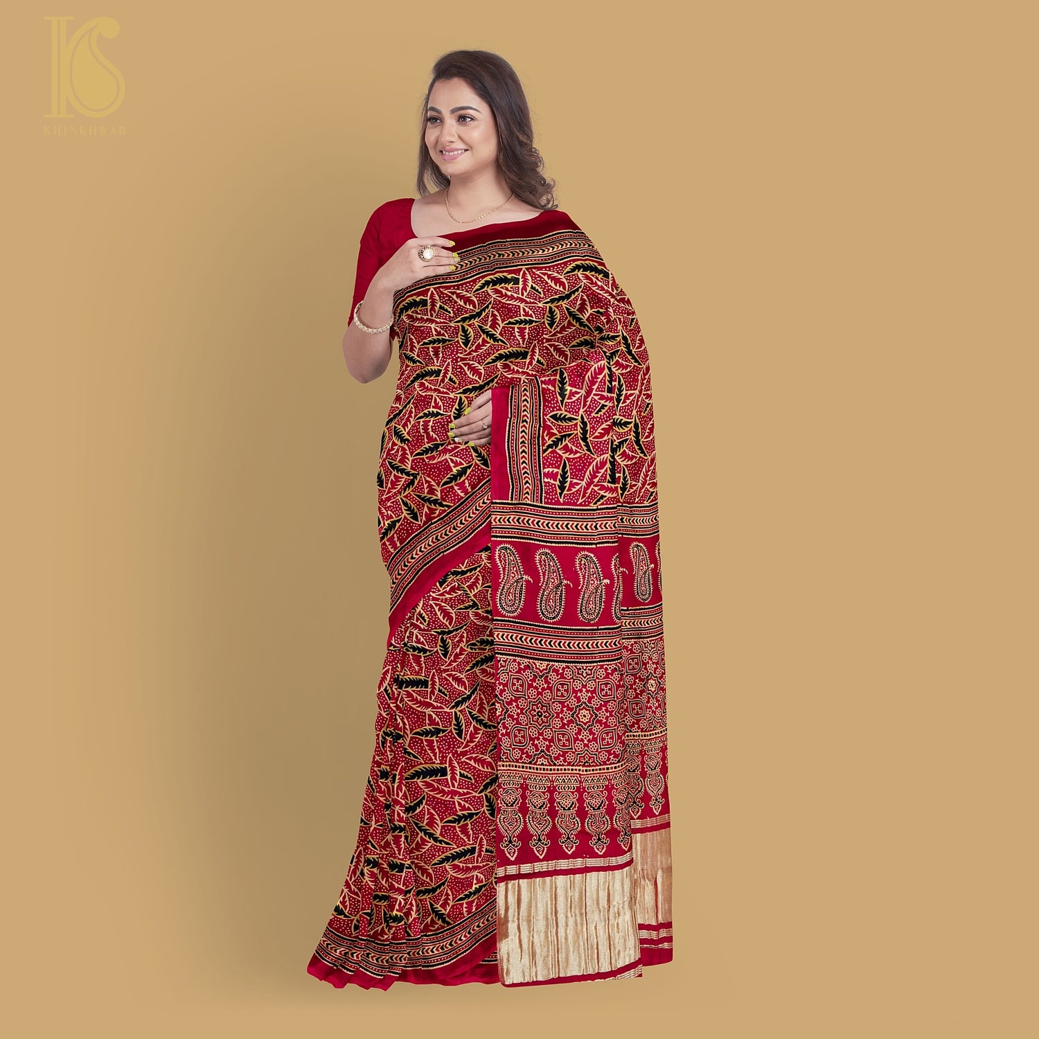 Red Gajji Silk Handblock Ajrakh Saree - Khinkhwab