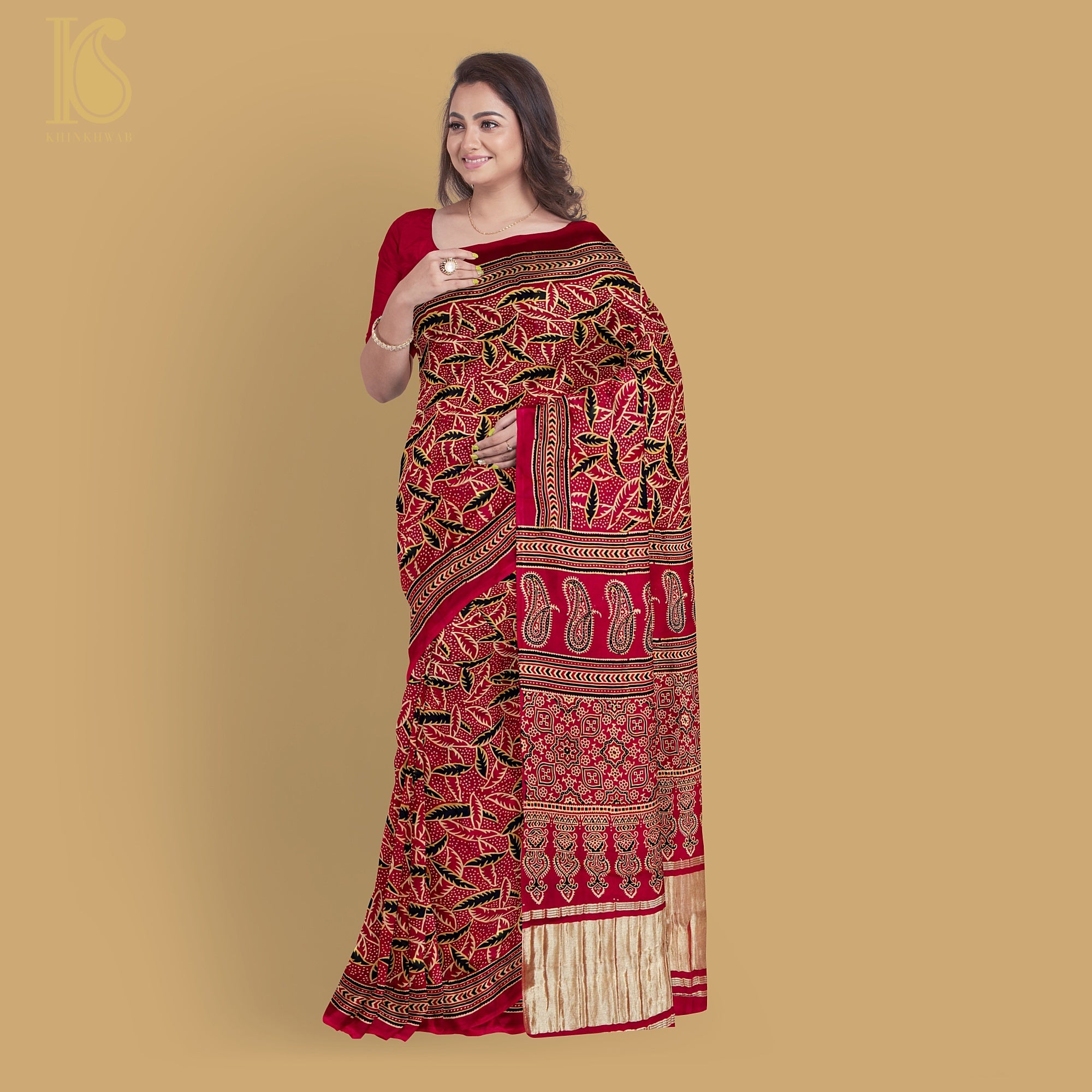 Red Gajji Silk Handblock Ajrakh Saree - Khinkhwab