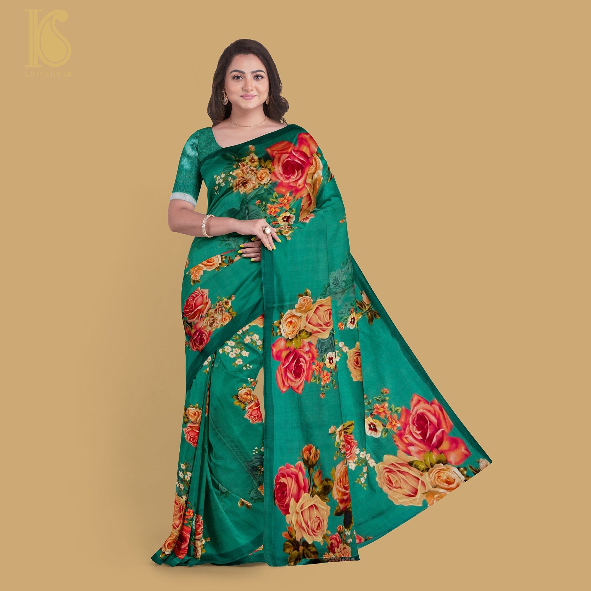 Persian Green Pure Textured Crepe Silk Printed Banarasi Saree - Khinkhwab