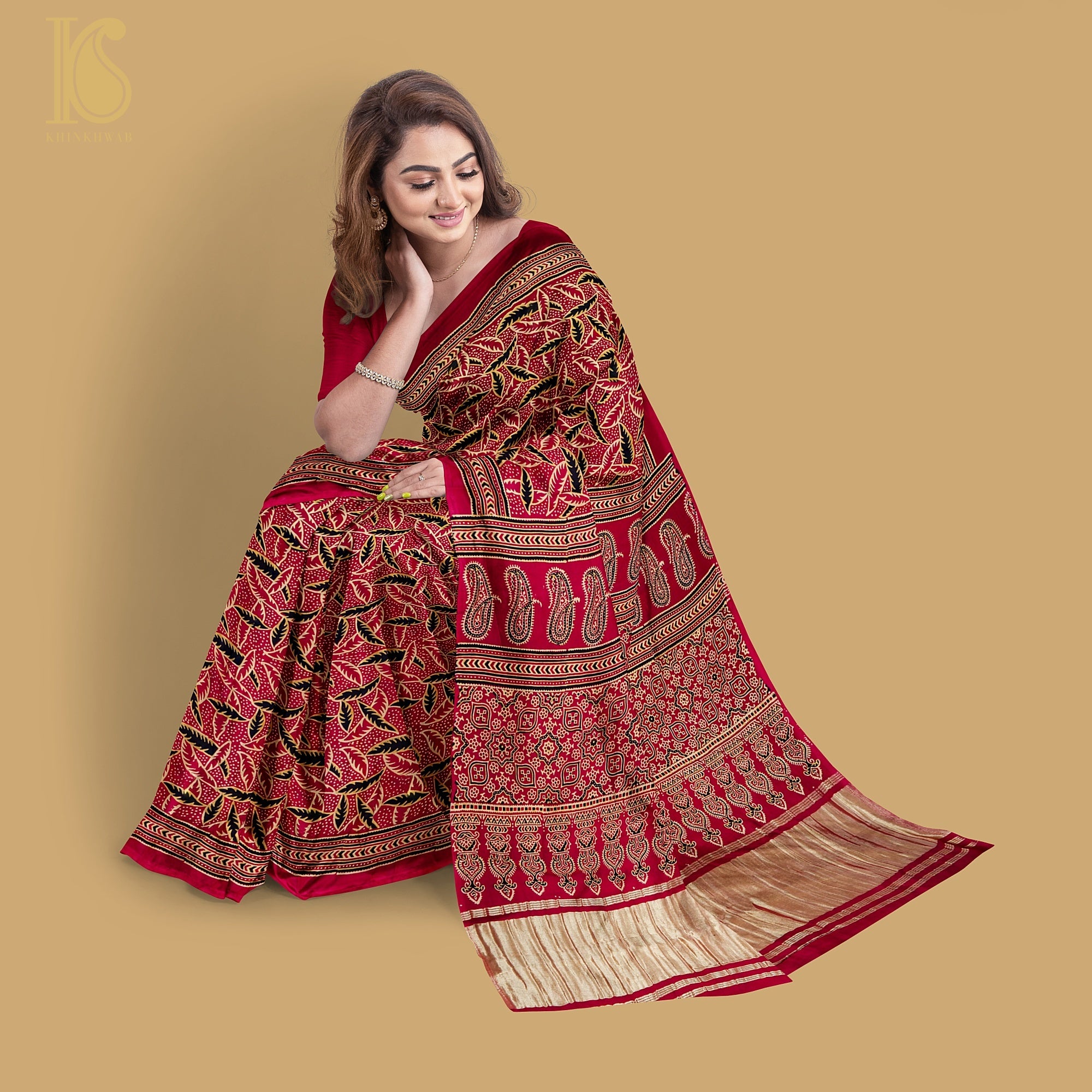 Red Gajji Silk Handblock Ajrakh Saree - Khinkhwab