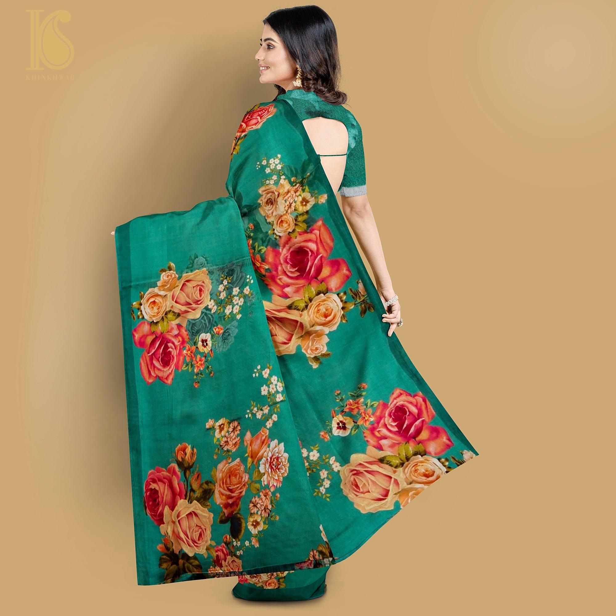 Persian Green Pure Textured Crepe Silk Printed Banarasi Saree - Khinkhwab