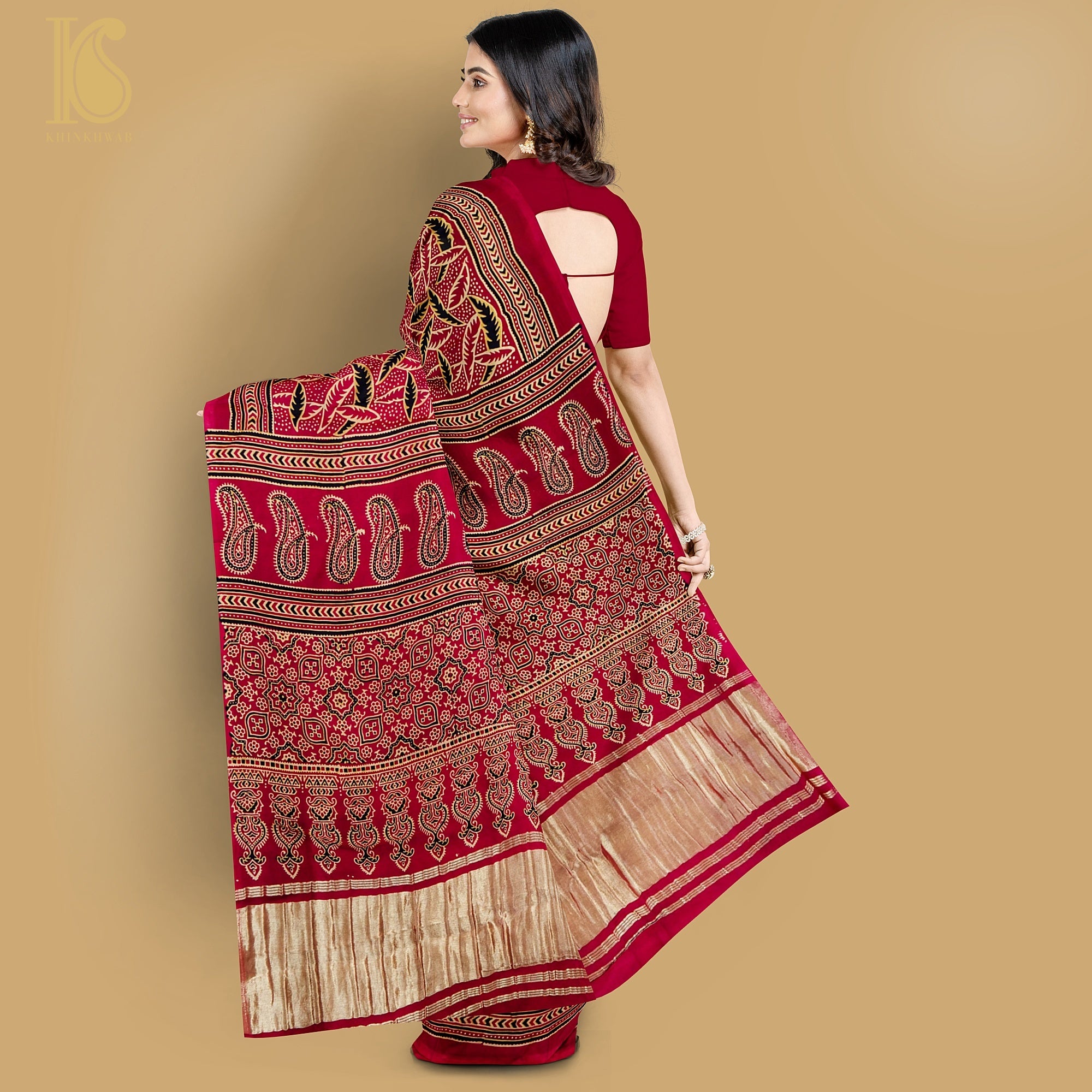 Red Gajji Silk Handblock Ajrakh Saree - Khinkhwab