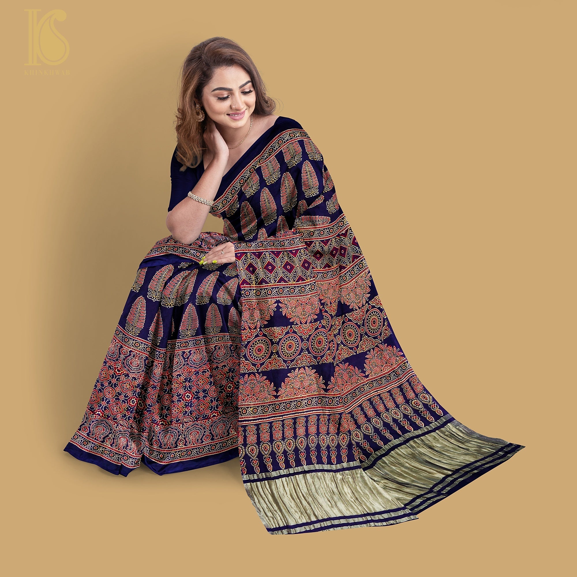 Blue Gajji Silk Handblock Ajrakh Saree - Khinkhwab