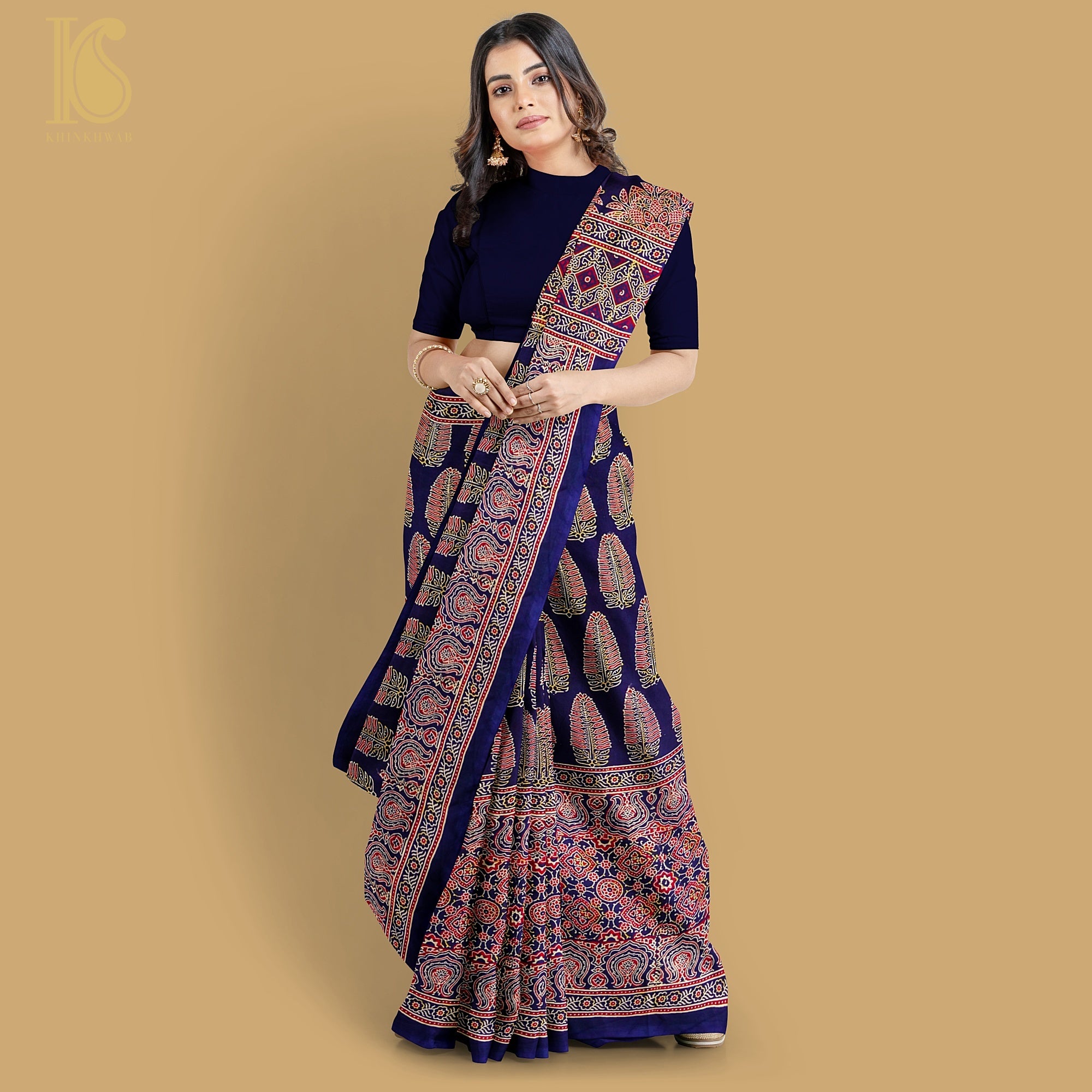 Blue Gajji Silk Handblock Ajrakh Saree - Khinkhwab