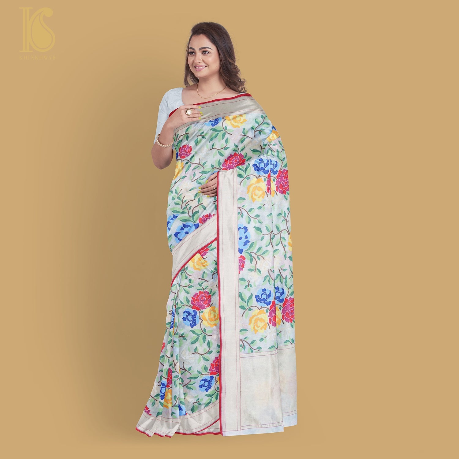 Pearl White Handwoven Pure Cotton by Kora Ektara Real Silver Zari Banarasi Saree - Khinkhwab