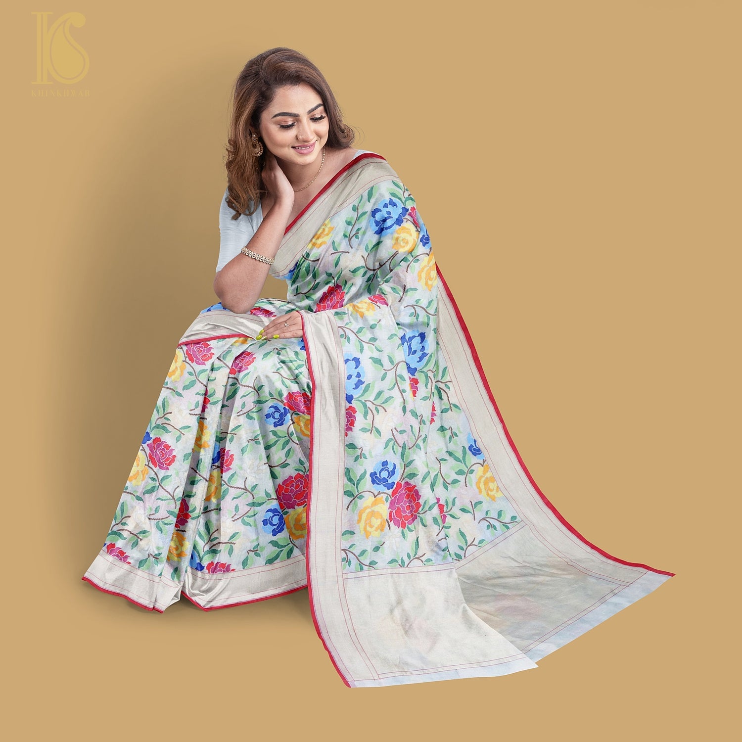 Pearl White Handwoven Pure Cotton by Kora Ektara Real Silver Zari Banarasi Saree - Khinkhwab