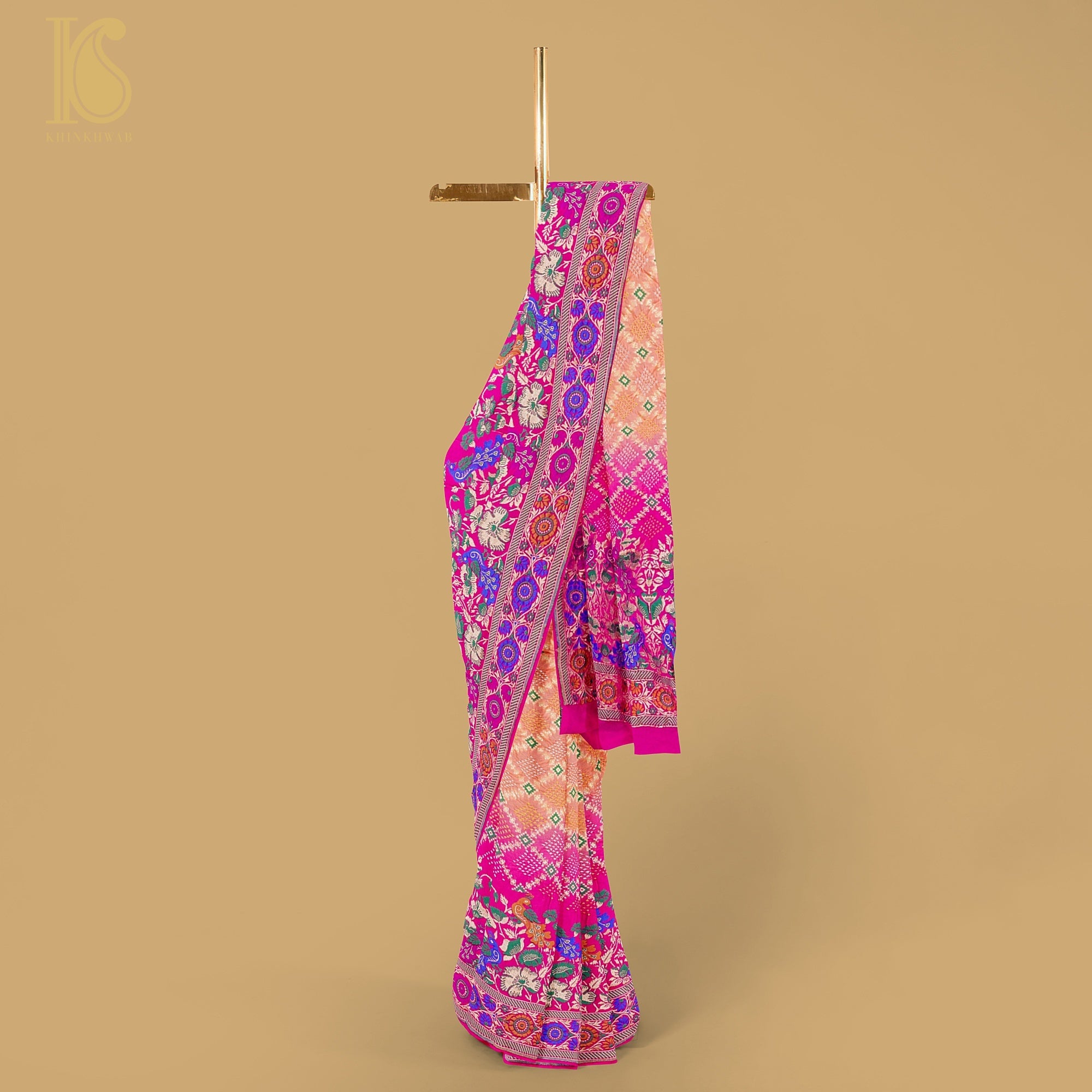 Pink & Orange Banarasi Pure Georgette Shaded Bandhani Saree - Khinkhwab