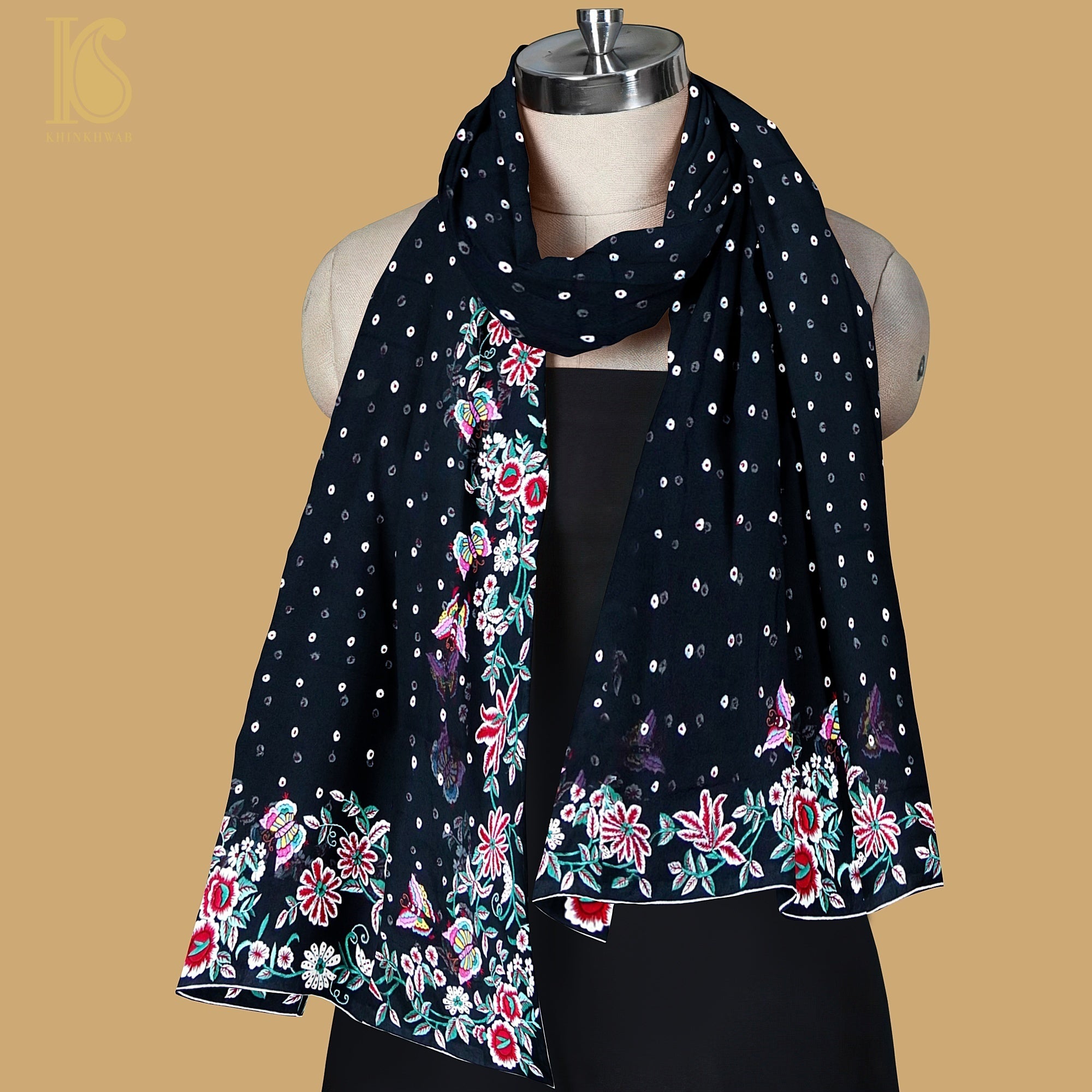Black Handcrafted Parsi Gara Pure Georgette Dupatta - Khinkhwab