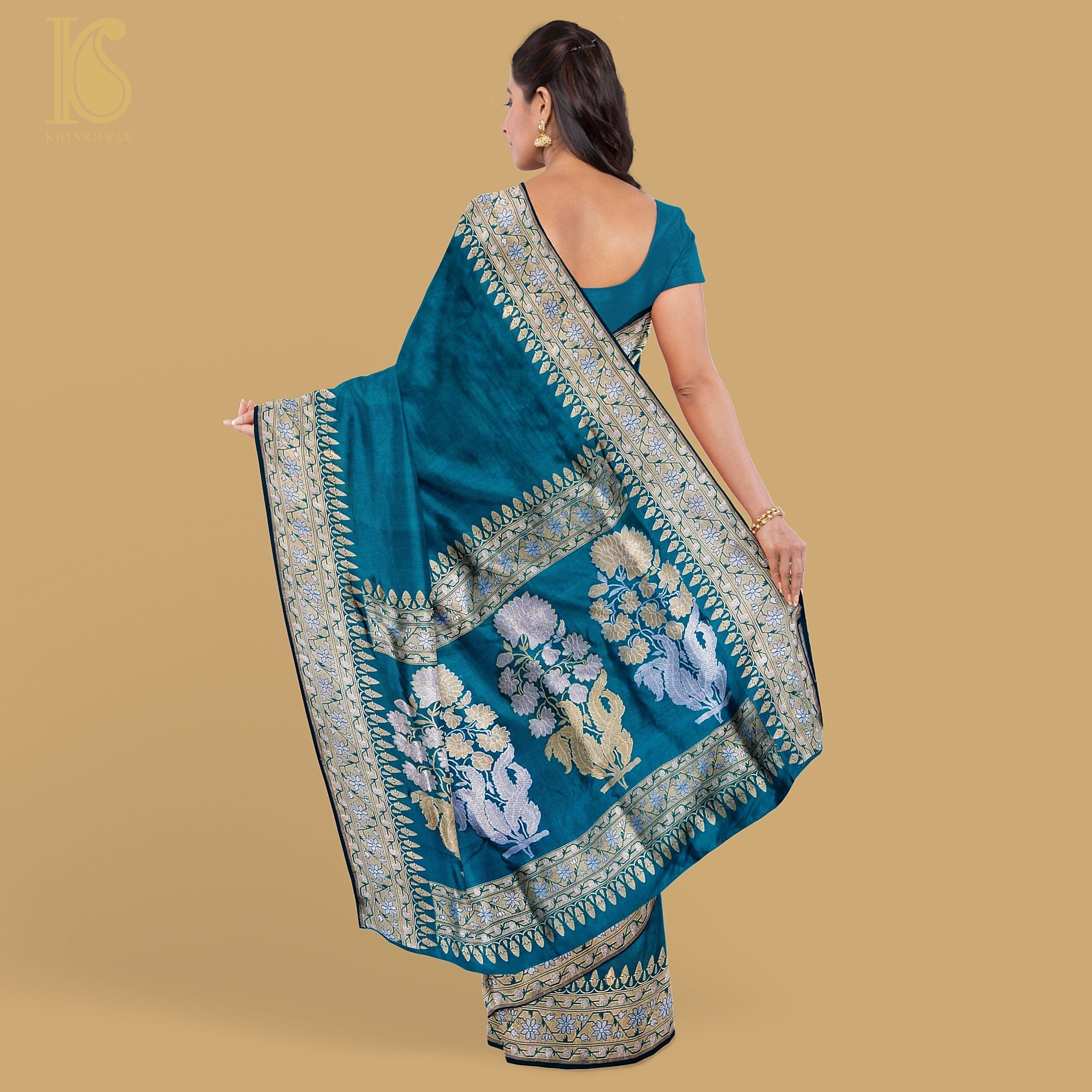 Kumudini - Allports Blue Handloom Katan Silk Banarasi Kadwa Ektara Saree - Khinkhwab