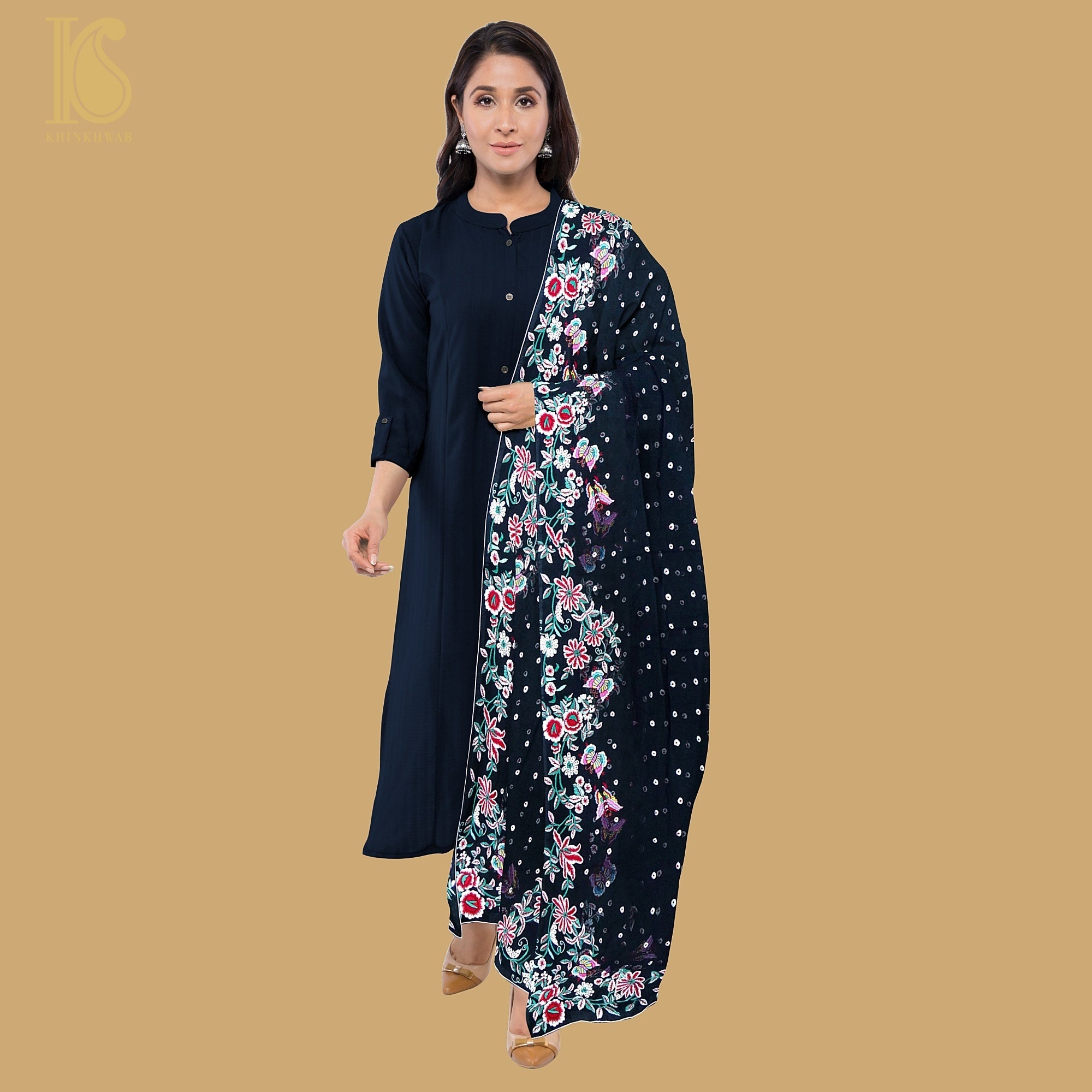 Black Handcrafted Parsi Gara Pure Georgette Dupatta - Khinkhwab