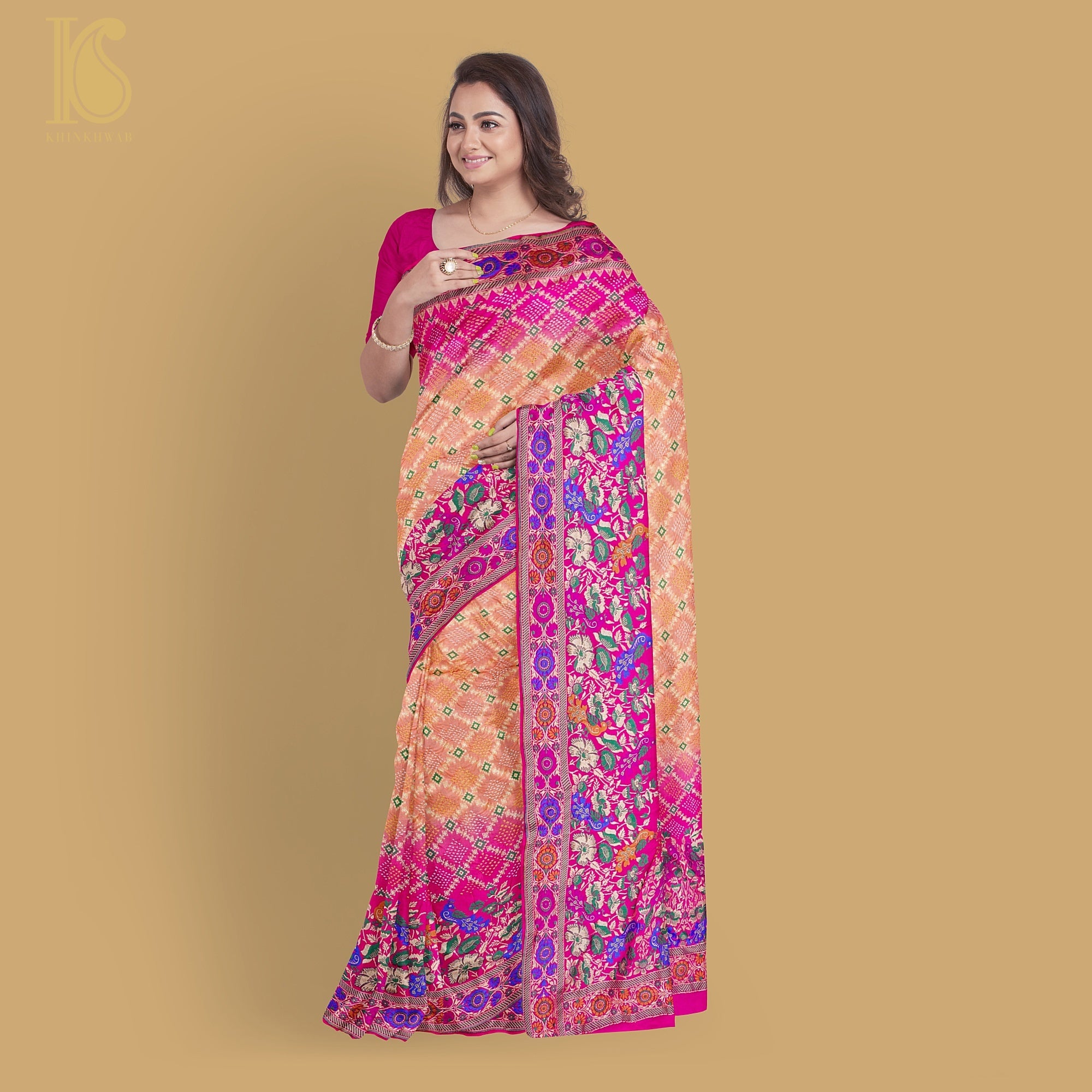 Pink & Orange Banarasi Pure Georgette Shaded Bandhani Saree - Khinkhwab