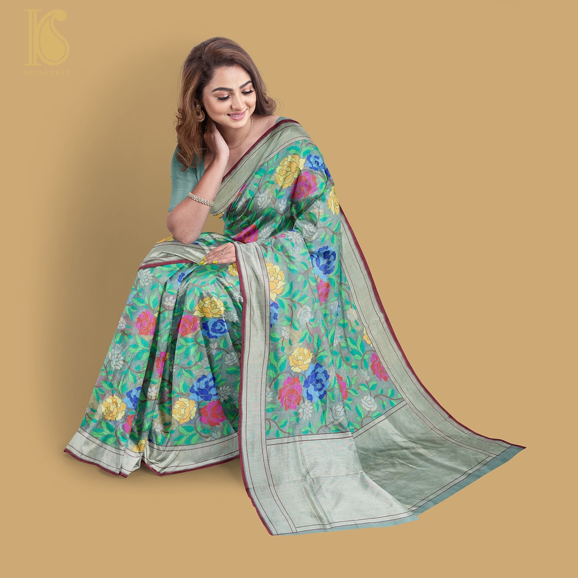 Grey Handwoven Pure Cotton Real Silver Zari Banarasi Saree - Khinkhwab