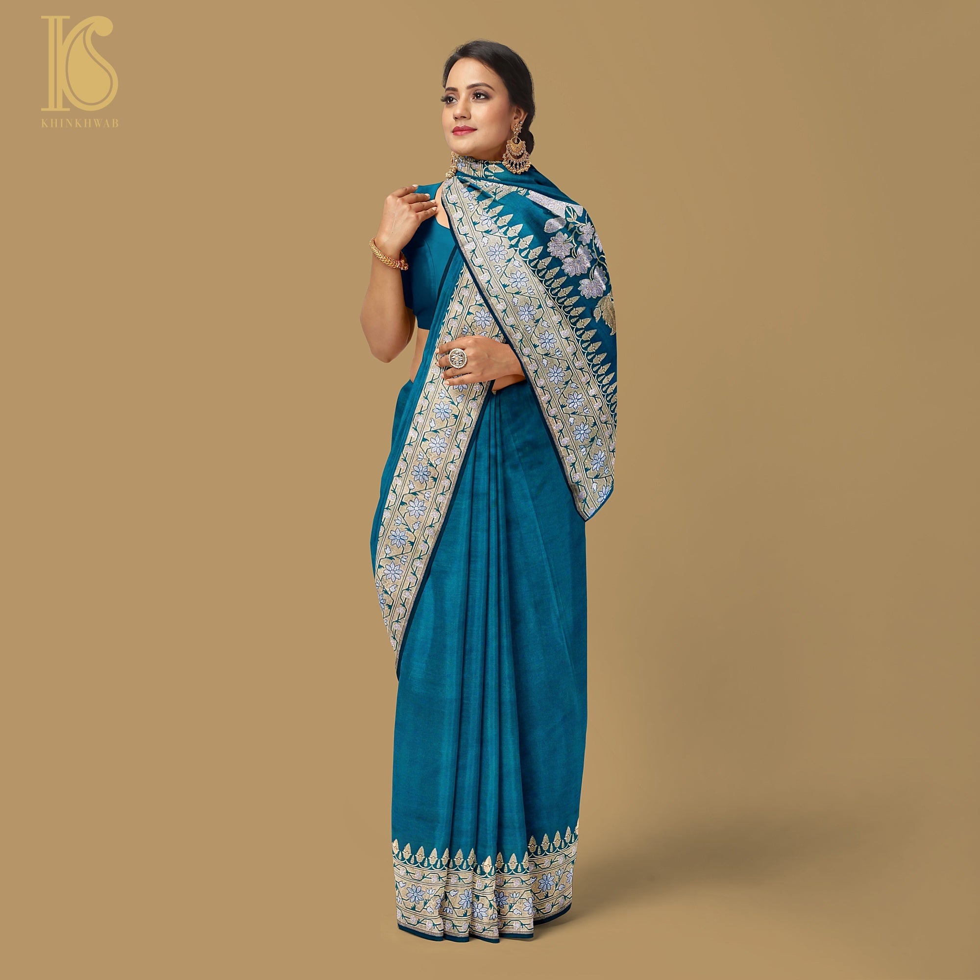 Kumudini - Allports Blue Handloom Katan Silk Banarasi Kadwa Ektara Saree - Khinkhwab