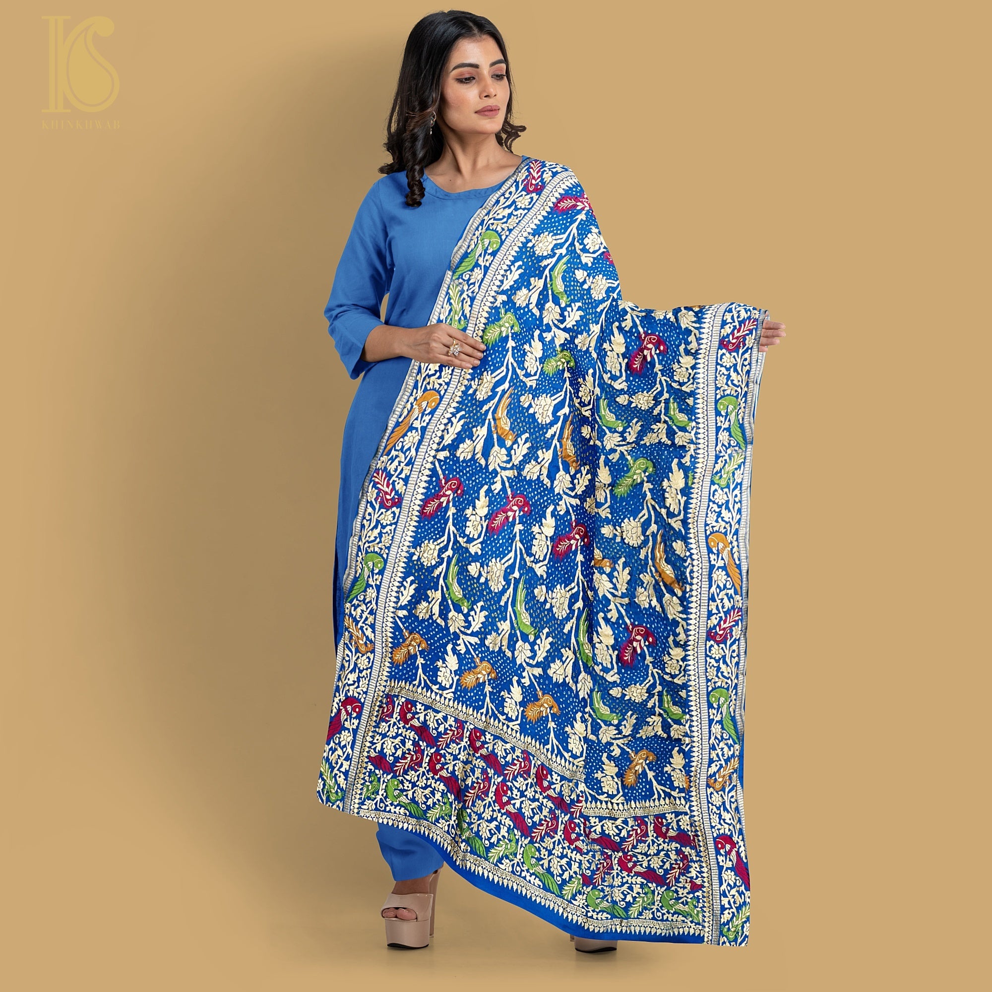 Cerulean Blue Pure Georgette Handloom Banarasi Birds of Paradise Bandhani Dupatta - Khinkhwab