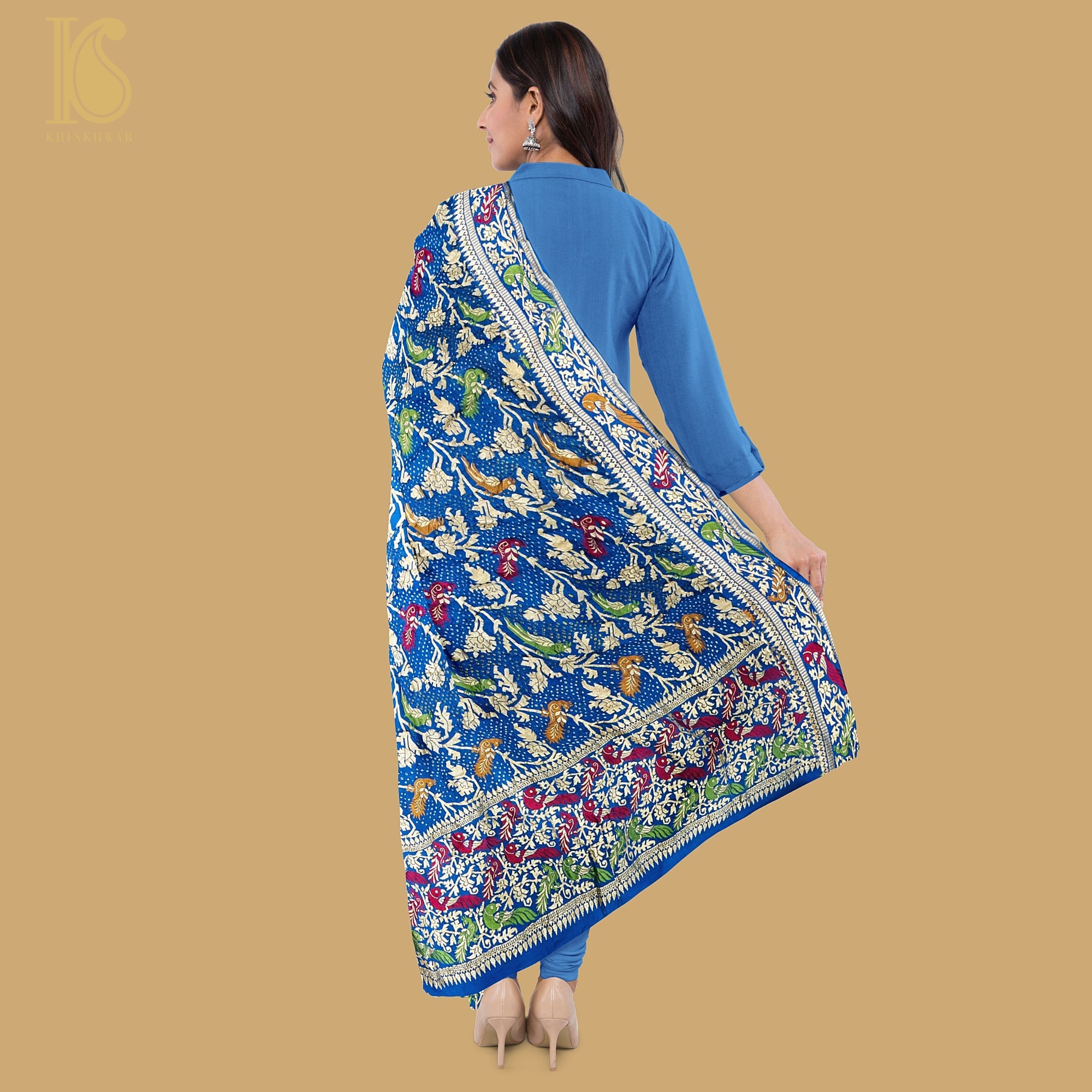 Cerulean Blue Pure Georgette Handloom Banarasi Birds of Paradise Bandhani Dupatta - Khinkhwab