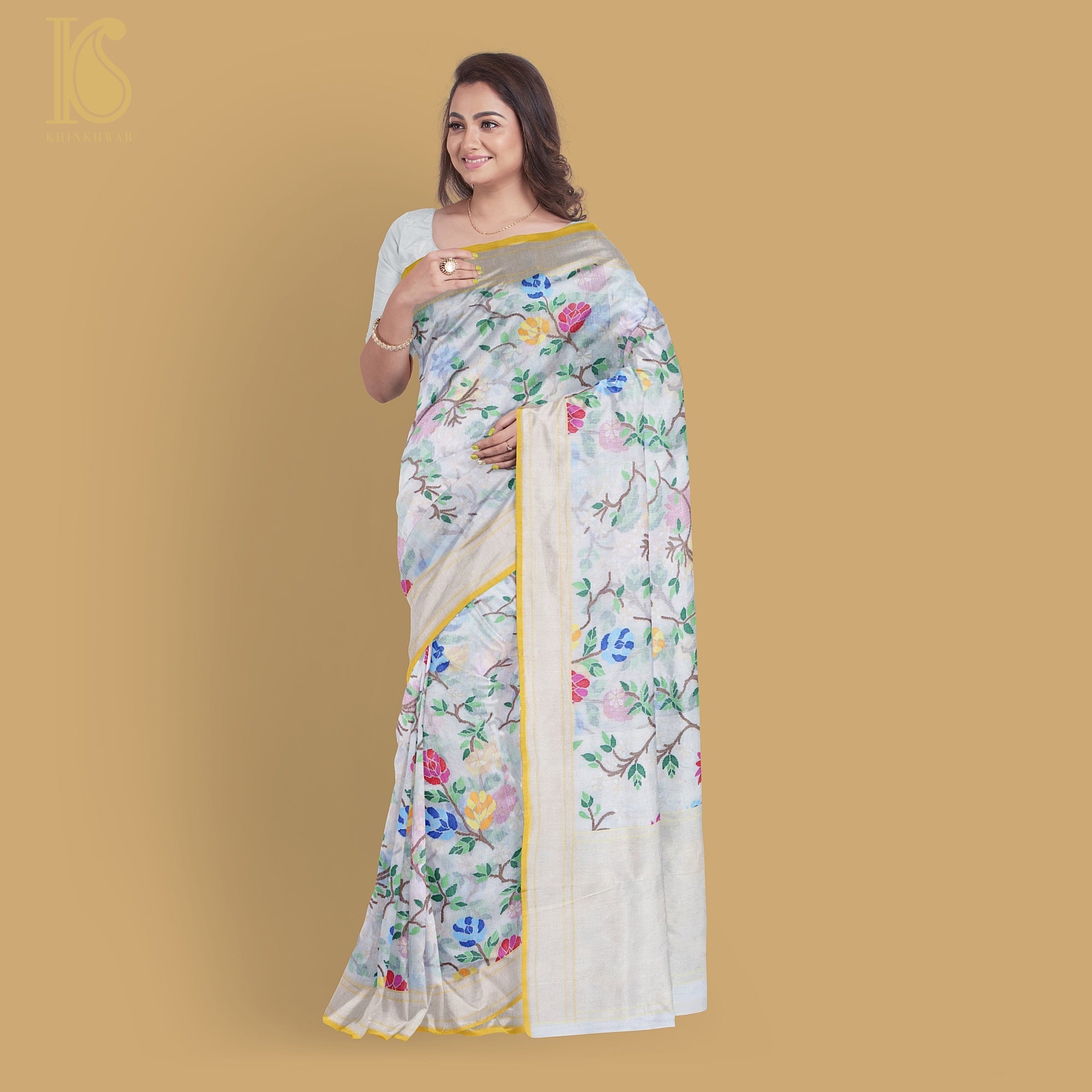 Pearl White Handwoven Pure Cotton Real Silver Zari Banarasi Saree - Khinkhwab