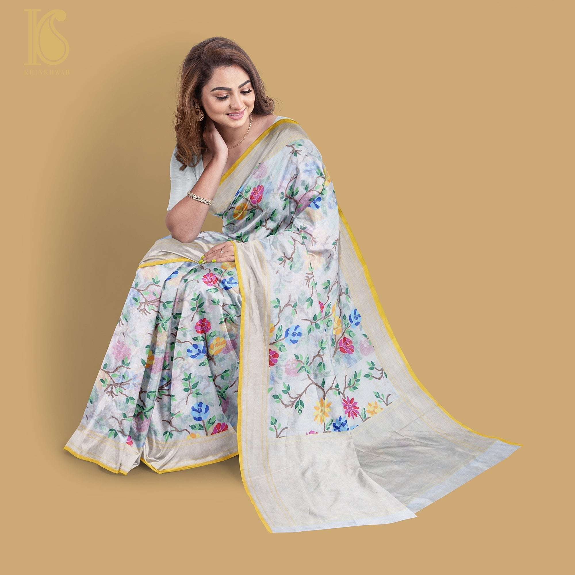 Pearl White Handwoven Pure Cotton Real Silver Zari Banarasi Saree - Khinkhwab